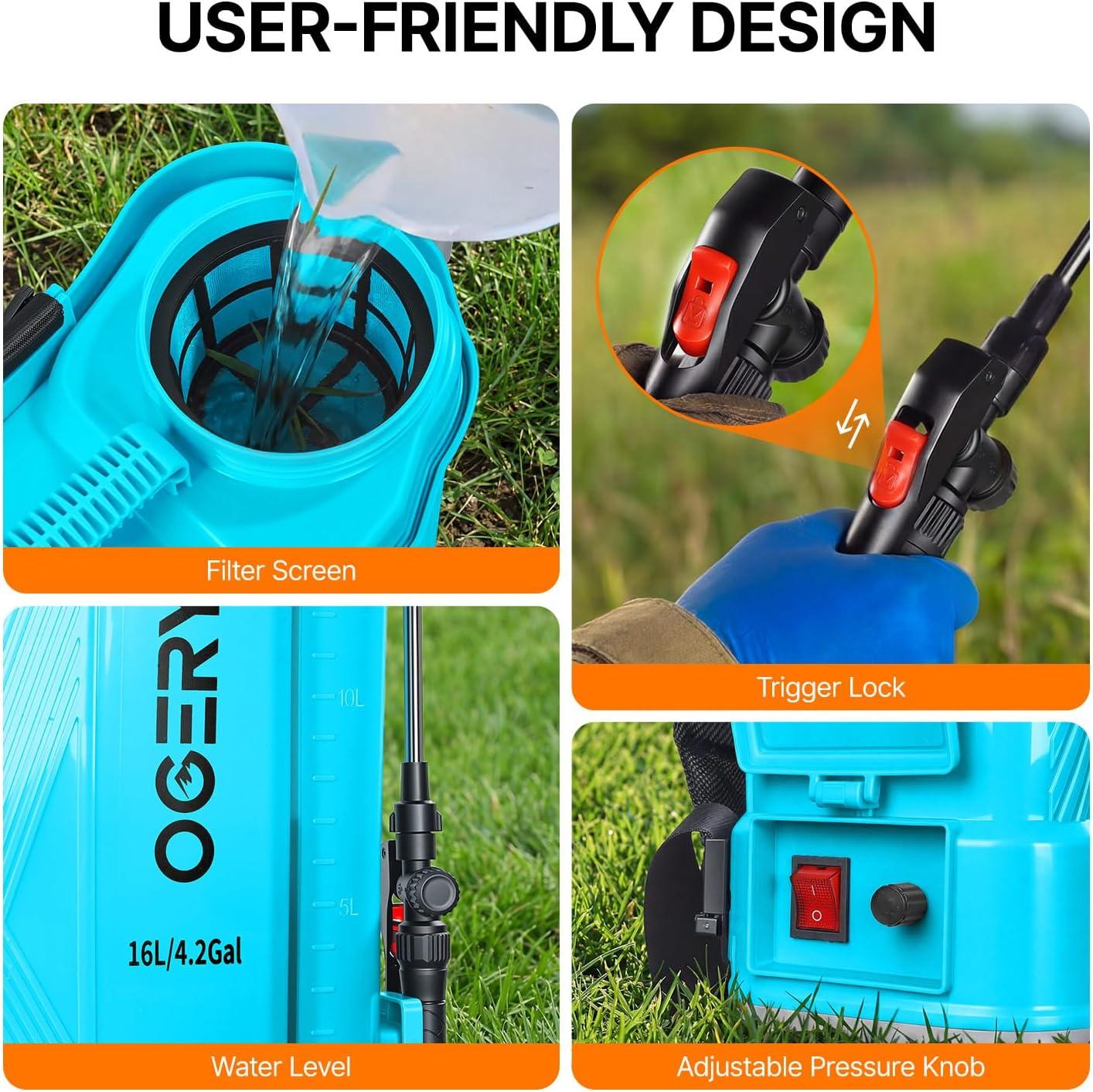 image:imageOGERY Battery Powered Backpack Sprayer 4 Gallon 26Ah 21V Battery Electric Sprayer with 6 Nozzles Telescopic Stainless Steel Plastic Wand for Lawn Garden Weed Yard Cleaning Charger IncludedBlue