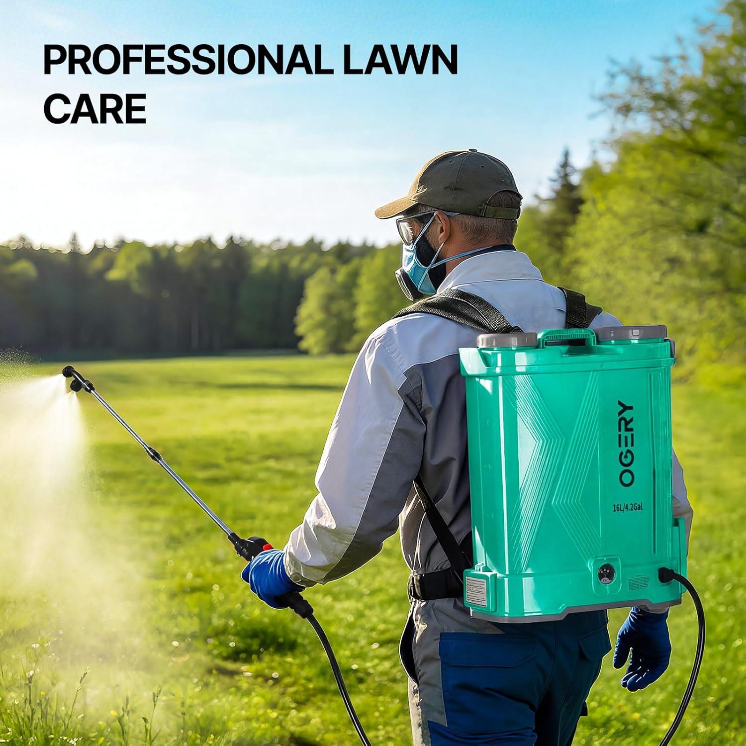 image:imageOGERY Battery Powered Backpack Sprayer 4 Gallon 26Ah 21V Battery Electric Sprayer with 6 Nozzles Telescopic Stainless Steel Plastic Wand for Lawn Garden Weed Yard Cleaning Charger IncludedGreen