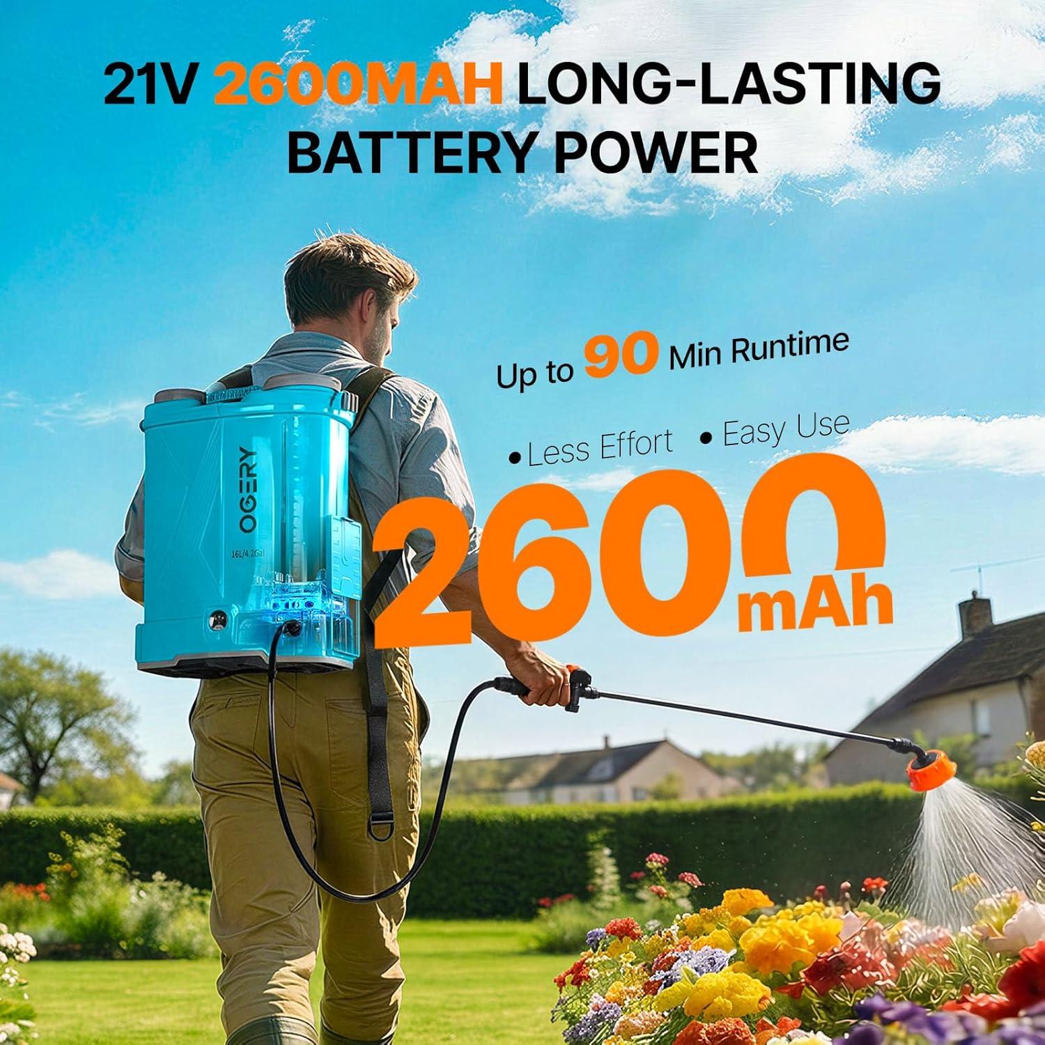 image:imageOGERY Battery Powered Backpack Sprayer 4 Gallon 26Ah 21V Battery Electric Sprayer with 6 Nozzles Telescopic Stainless Steel Plastic Wand for Lawn Garden Weed Yard Cleaning Charger IncludedBlue