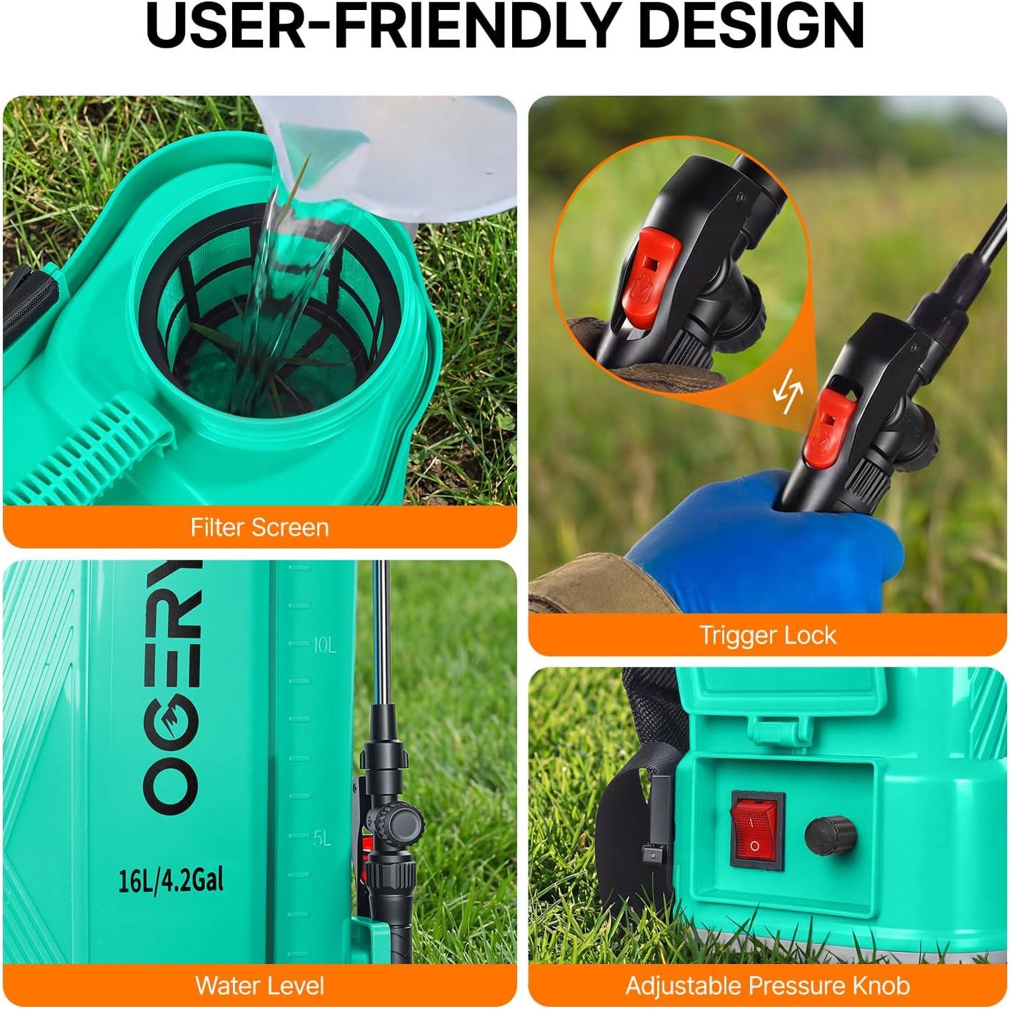 image:imageOGERY Battery Powered Backpack Sprayer 4 Gallon 26Ah 21V Battery Electric Sprayer with 6 Nozzles Telescopic Stainless Steel Plastic Wand for Lawn Garden Weed Yard Cleaning Charger IncludedGreen