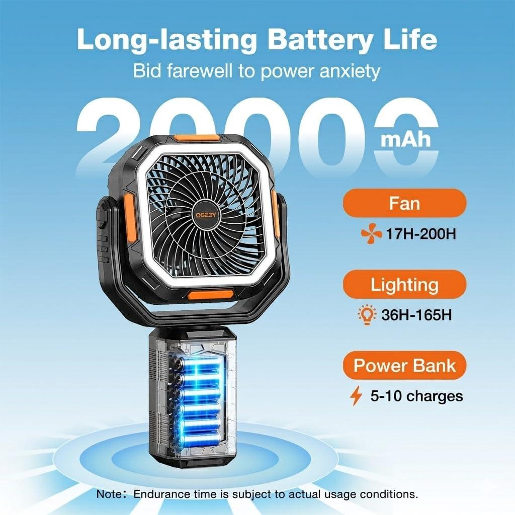 image:imageOGERY Camping Fan Portable Fan with Adjustable Height Stand 20000mAh Rechargeable Battery Powered Fan with Remote LED Light Auto Oscillation Fast Charging Floor or Desk Fan for Tent RV Travel