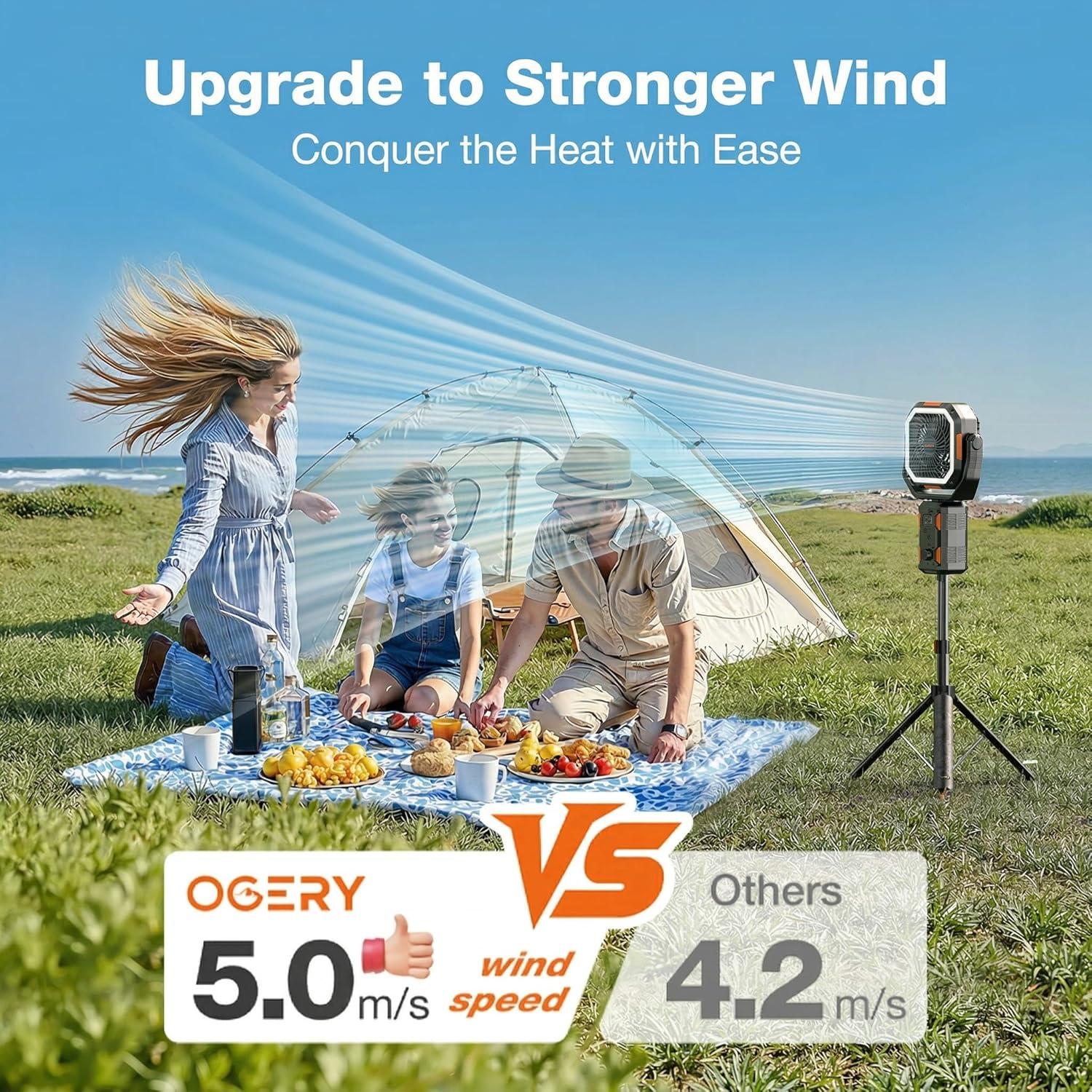 image:imageOGERY Camping Fan Portable Fan with Adjustable Height Stand 20000mAh Rechargeable Battery Powered Fan with Remote LED Light Auto Oscillation Fast Charging Floor or Desk Fan for Tent RV Travel