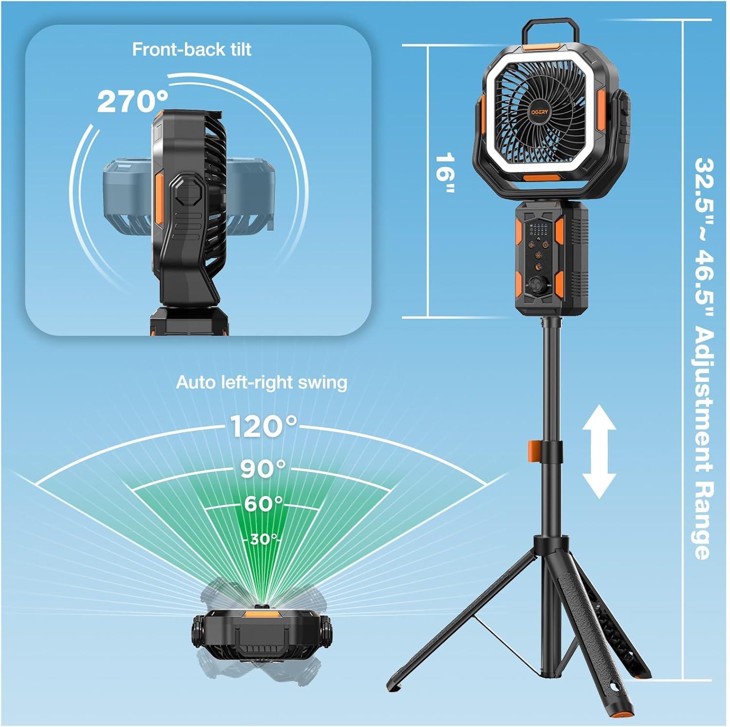 image:imageOGERY Camping Fan Portable Fan with Adjustable Height Stand 20000mAh Rechargeable Battery Powered Fan with Remote LED Light Auto Oscillation Fast Charging Floor or Desk Fan for Tent RV Travel