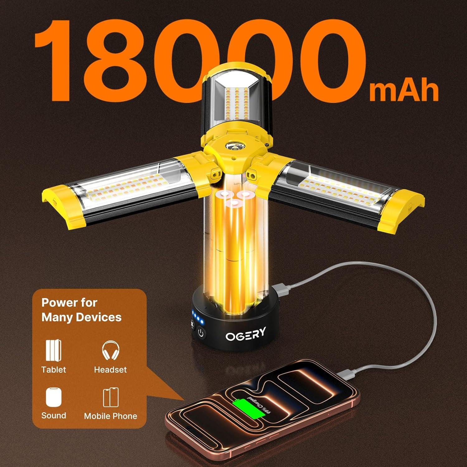 image:imageOGERY Camping Lights with Remote 18000mAh Rechargeable Camping Lantern amp LED Work Light Detachable Tripod Stand up to 60 ft 3 Lamp Heads for Camping Essentials amp Emergency YellowYellow