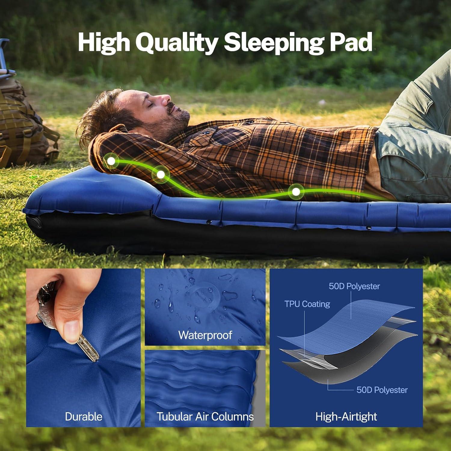 image:imageOGERY Double Sleeping Pad for Camping 6 ExtraThick Reinforced Camping Sleeping Pad with Pillows amp Builtin Foot Pump Ultralight Inflating Camping Mattress for Backpacking Tent Hiking TravelBlue