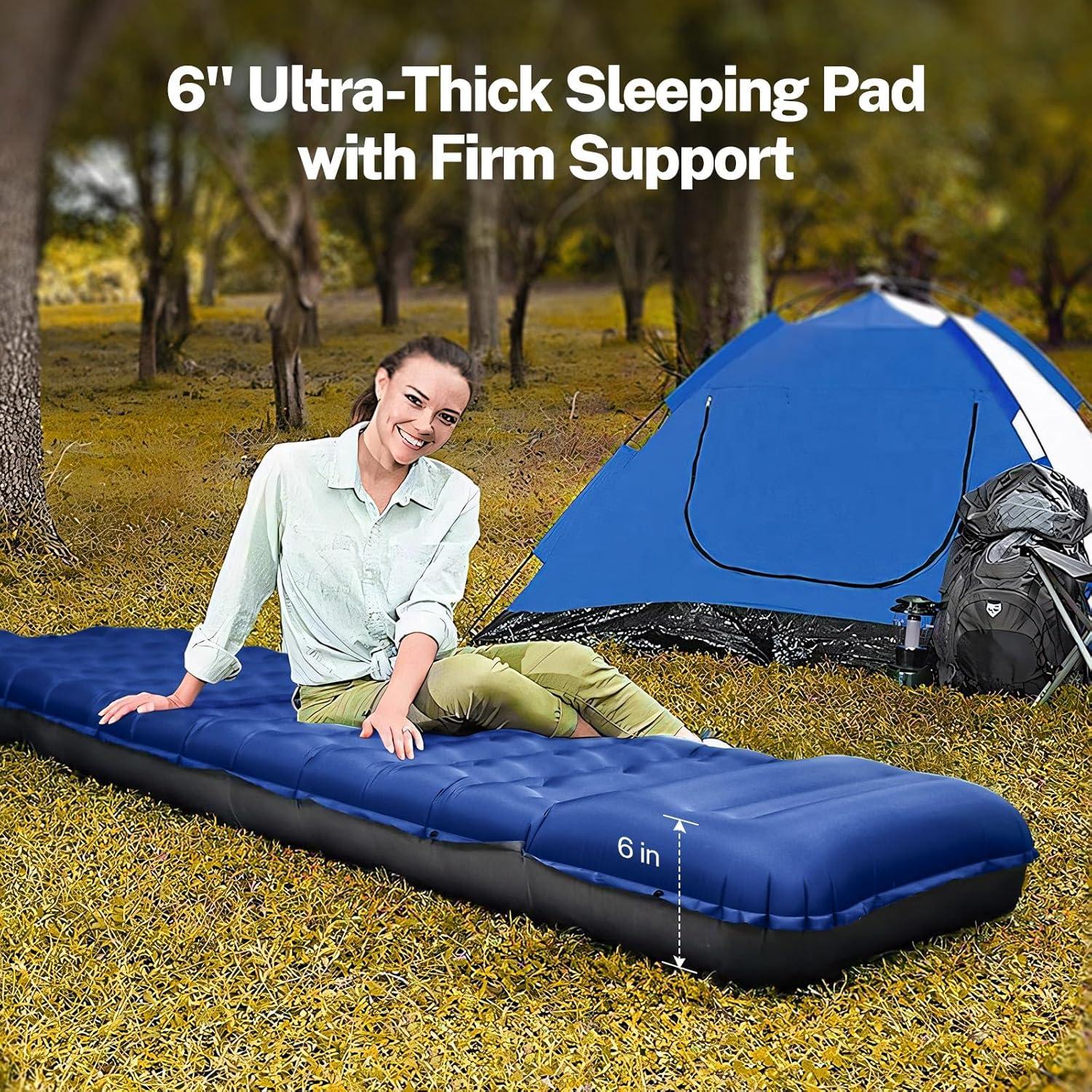 image:imageOGERY Double Sleeping Pad for Camping 6 ExtraThick Reinforced Camping Sleeping Pad with Pillows amp Builtin Foot Pump Ultralight Inflating Camping Mattress for Backpacking Tent Hiking TravelBlue