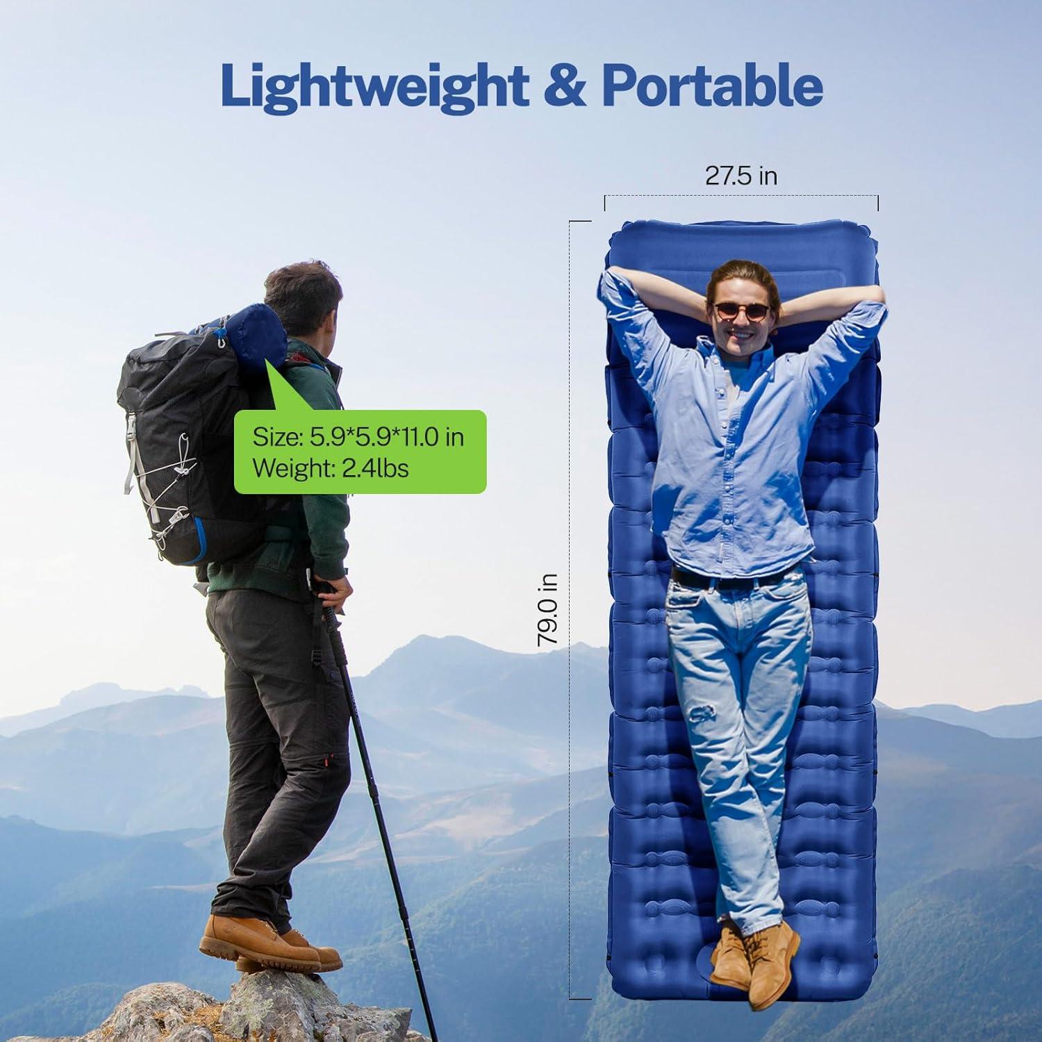 image:imageOGERY Double Sleeping Pad for Camping 6 ExtraThick Reinforced Camping Sleeping Pad with Pillows amp Builtin Foot Pump Ultralight Inflating Camping Mattress for Backpacking Tent Hiking TravelBlue