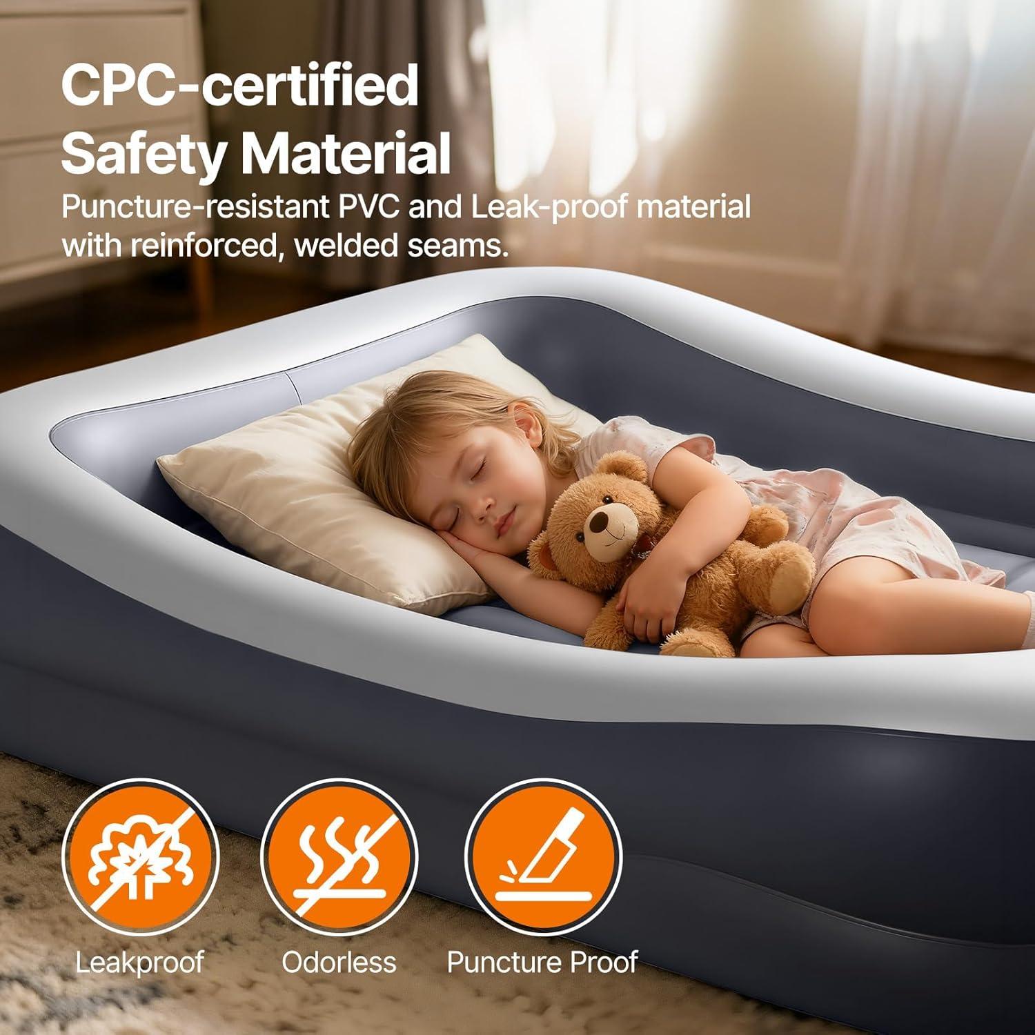 image:imageOGERY Inflatable Toddler Travel Bed with Tent Cordless Rechargeable Electric Pump Portable Kids Air Mattress with 4Sided Safety Bumpers for Home Travel amp CampingLight Grey