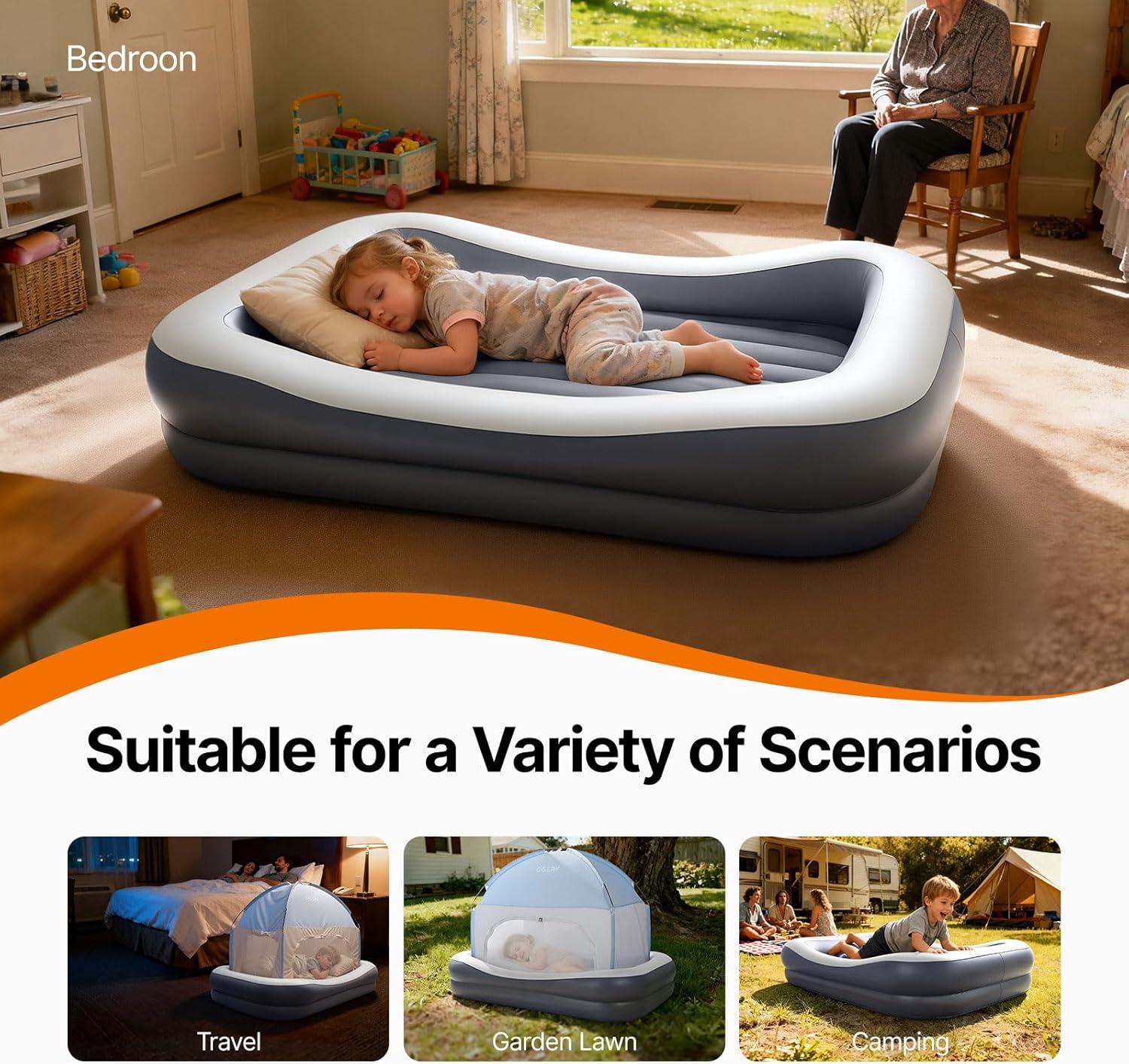 image:imageOGERY Inflatable Toddler Travel Bed with Tent Cordless Rechargeable Electric Pump Portable Kids Air Mattress with 4Sided Safety Bumpers for Home Travel amp CampingLight Grey