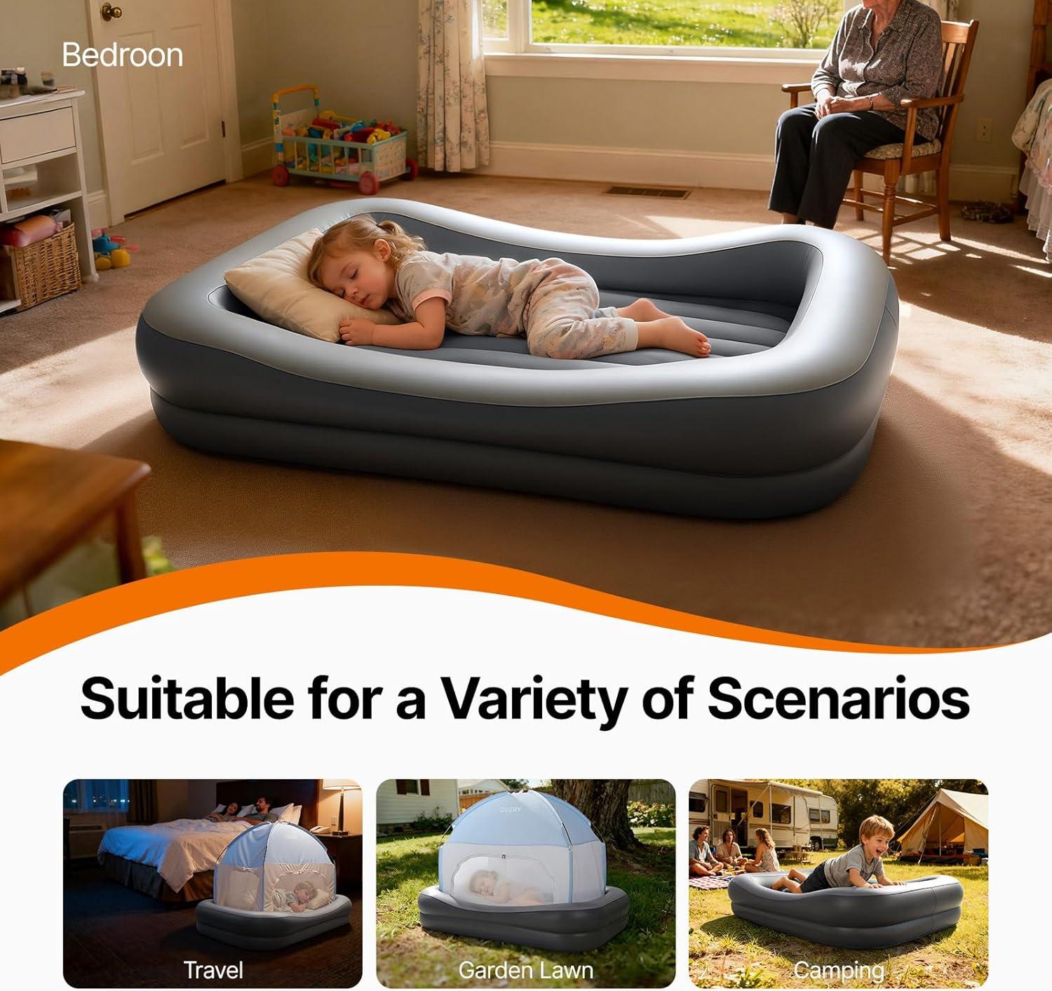 image:imageOGERY Inflatable Toddler Travel Bed with Tent Cordless Rechargeable Electric Pump Portable Kids Air Mattress with 4Sided Safety Bumpers for Home Travel amp CampingDark Grey