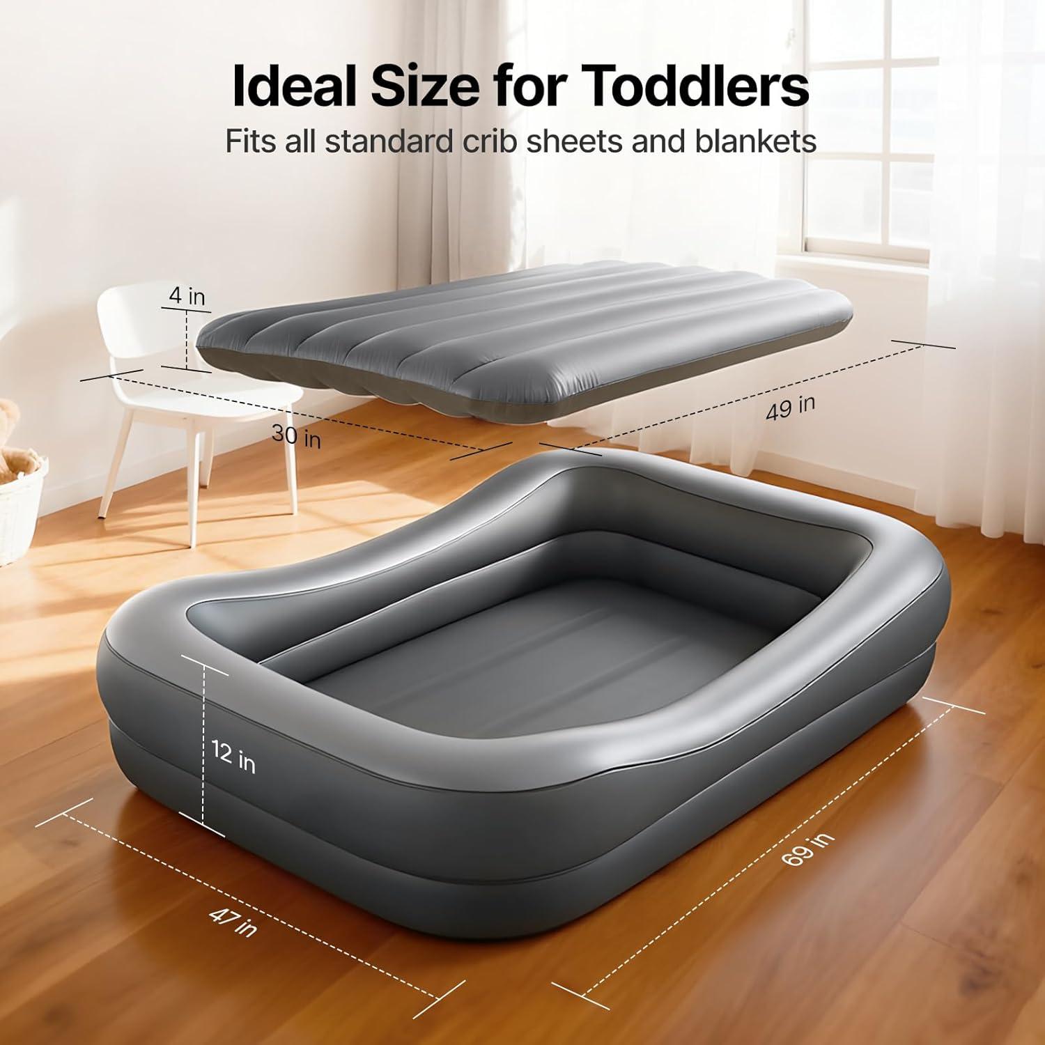 image:imageOGERY Inflatable Toddler Travel Bed with Tent Cordless Rechargeable Electric Pump Portable Kids Air Mattress with 4Sided Safety Bumpers for Home Travel amp CampingDark Grey