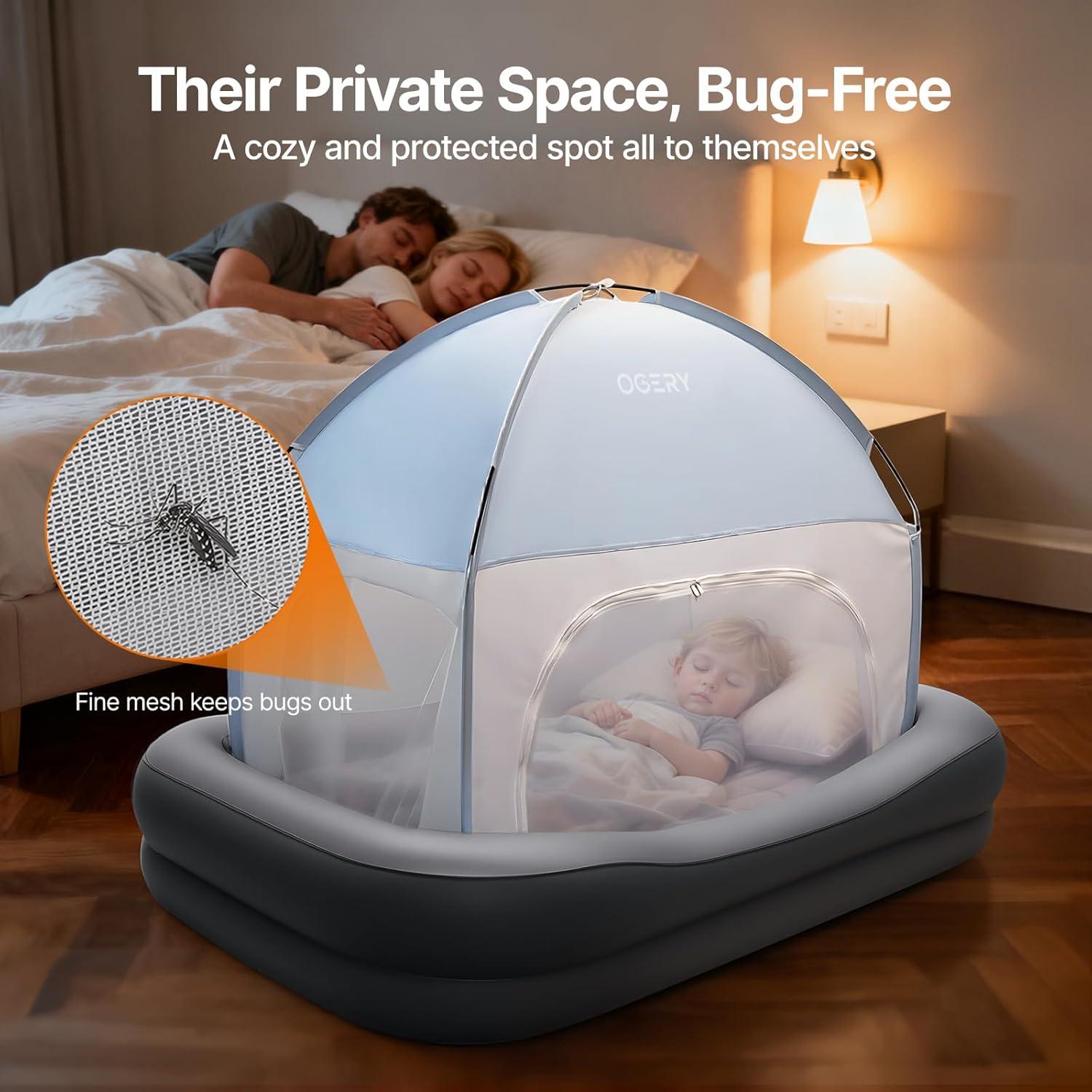 image:imageOGERY Inflatable Toddler Travel Bed with Tent Cordless Rechargeable Electric Pump Portable Kids Air Mattress with 4Sided Safety Bumpers for Home Travel amp CampingDark Grey