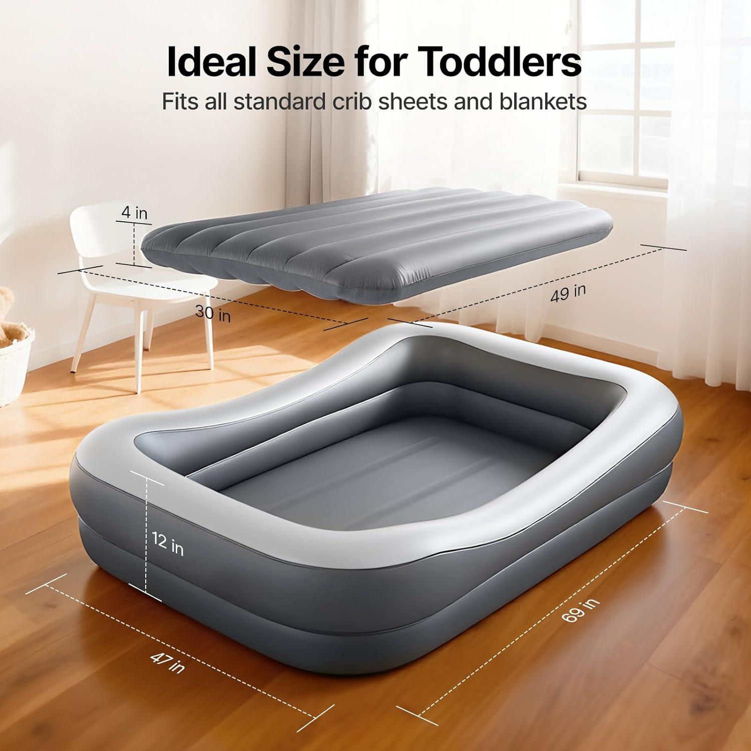image:imageOGERY Inflatable Toddler Travel Bed with Tent Cordless Rechargeable Electric Pump Portable Kids Air Mattress with 4Sided Safety Bumpers for Home Travel amp CampingLight Grey