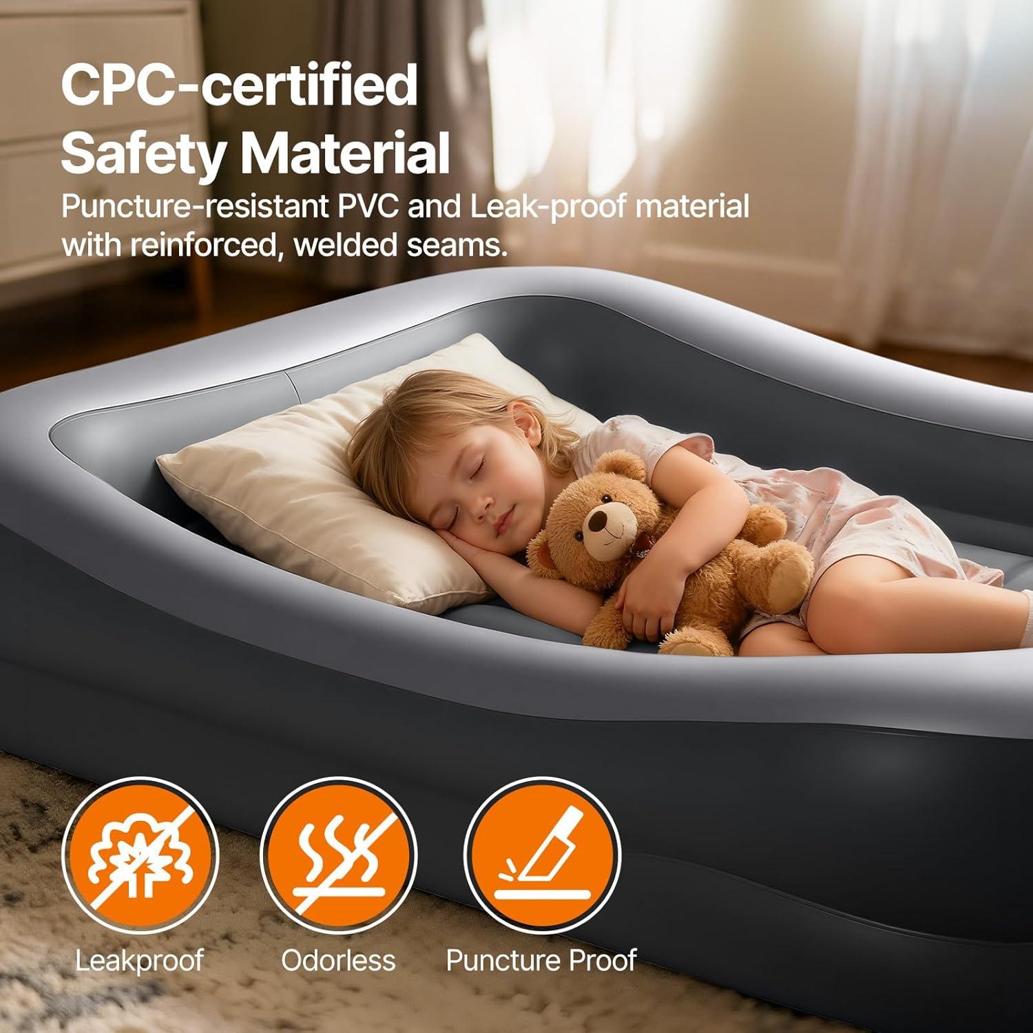 image:imageOGERY Inflatable Toddler Travel Bed with Tent Cordless Rechargeable Electric Pump Portable Kids Air Mattress with 4Sided Safety Bumpers for Home Travel amp CampingDark Grey