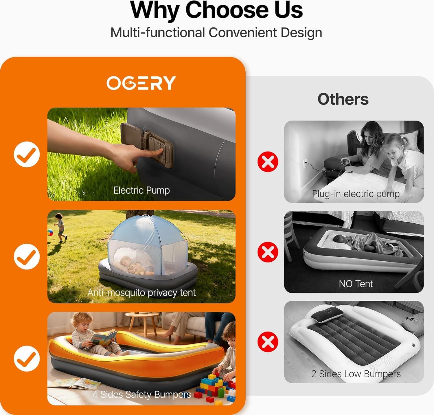 image:imageOGERY Inflatable Toddler Travel Bed with Tent Cordless Rechargeable Electric Pump Portable Kids Air Mattress with 4Sided Safety Bumpers for Home Travel amp CampingDark Grey