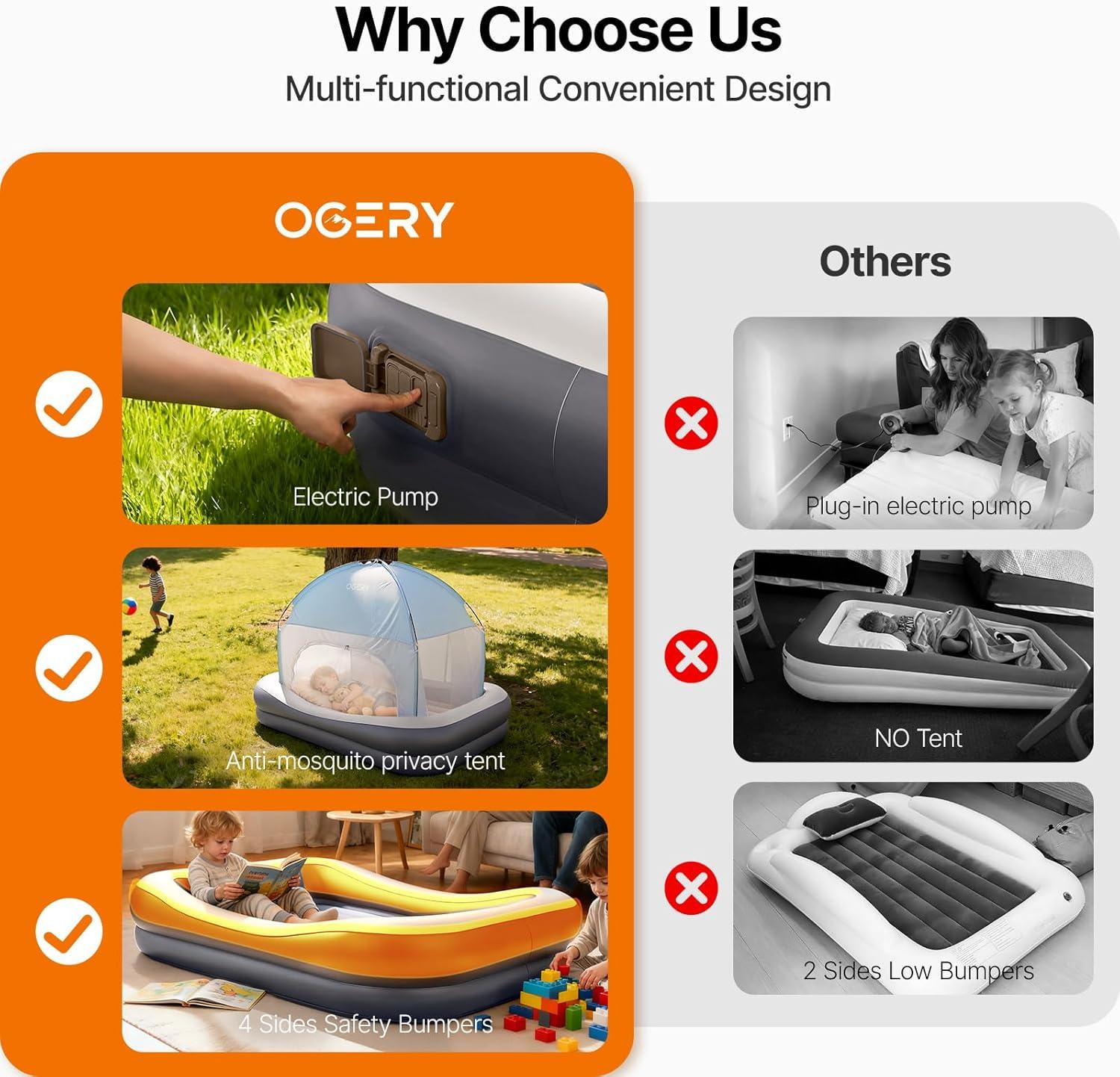 image:imageOGERY Inflatable Toddler Travel Bed with Tent Cordless Rechargeable Electric Pump Portable Kids Air Mattress with 4Sided Safety Bumpers for Home Travel amp CampingLight Grey