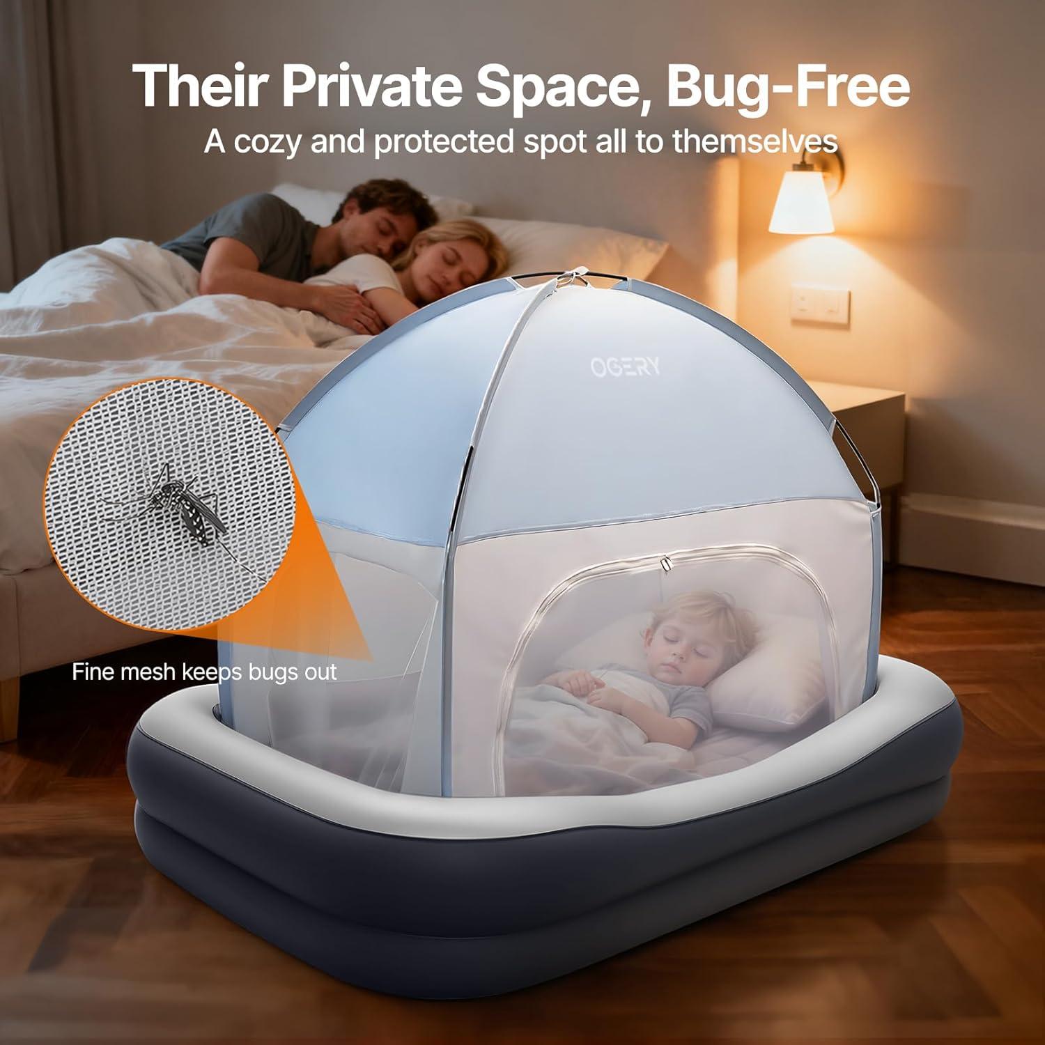 image:imageOGERY Inflatable Toddler Travel Bed with Tent Cordless Rechargeable Electric Pump Portable Kids Air Mattress with 4Sided Safety Bumpers for Home Travel amp CampingLight Grey