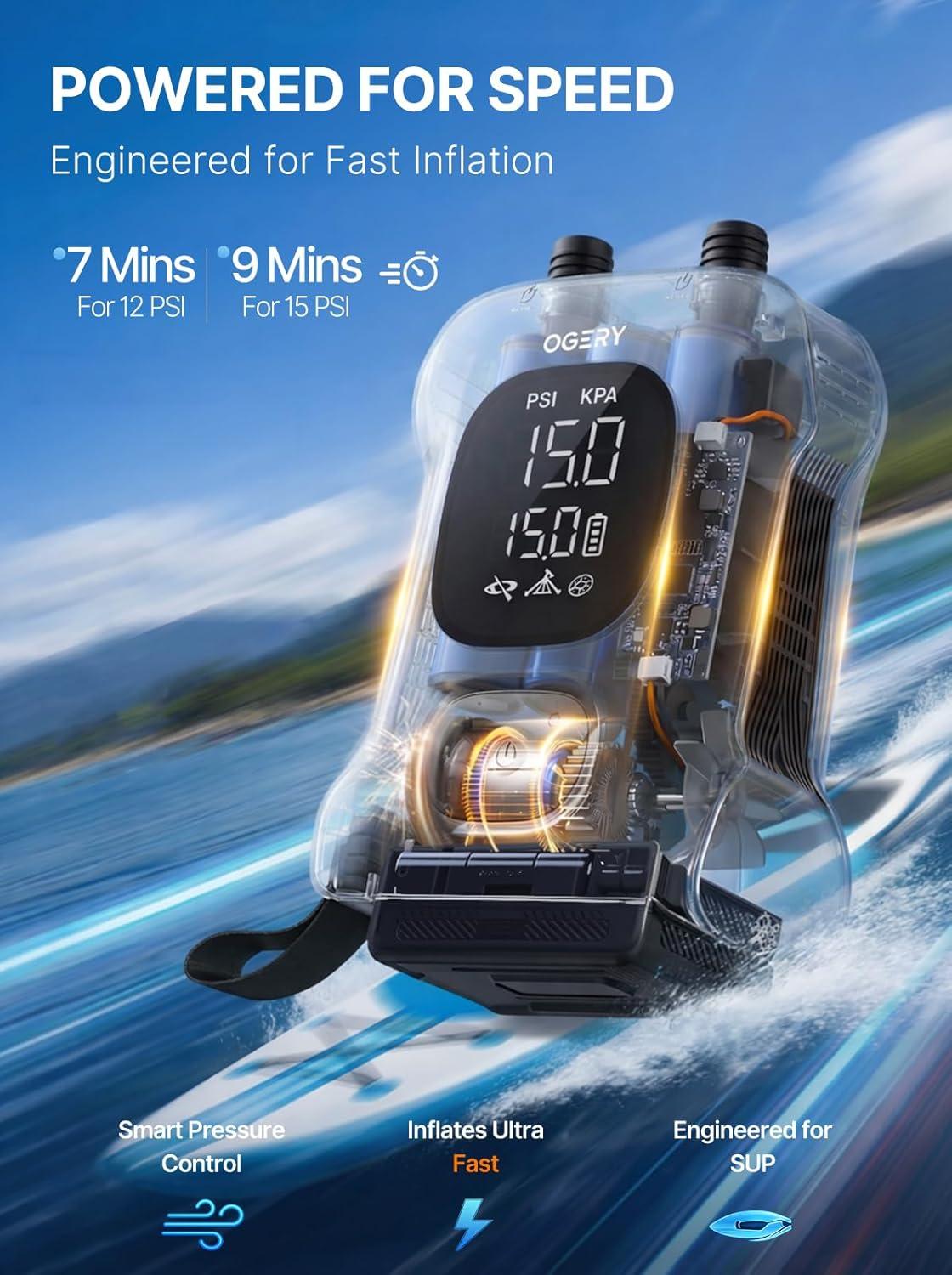 image:imageOGERY Paddle Board Electric Pump Inflates 45 SUPs LongLasting Battery 20PSI SUP Pump with 65W Power Bank AutoOff Dual Stage Inflation amp Deflation Rechargeable Air Pump for Sup Kayak Boat TentBlack