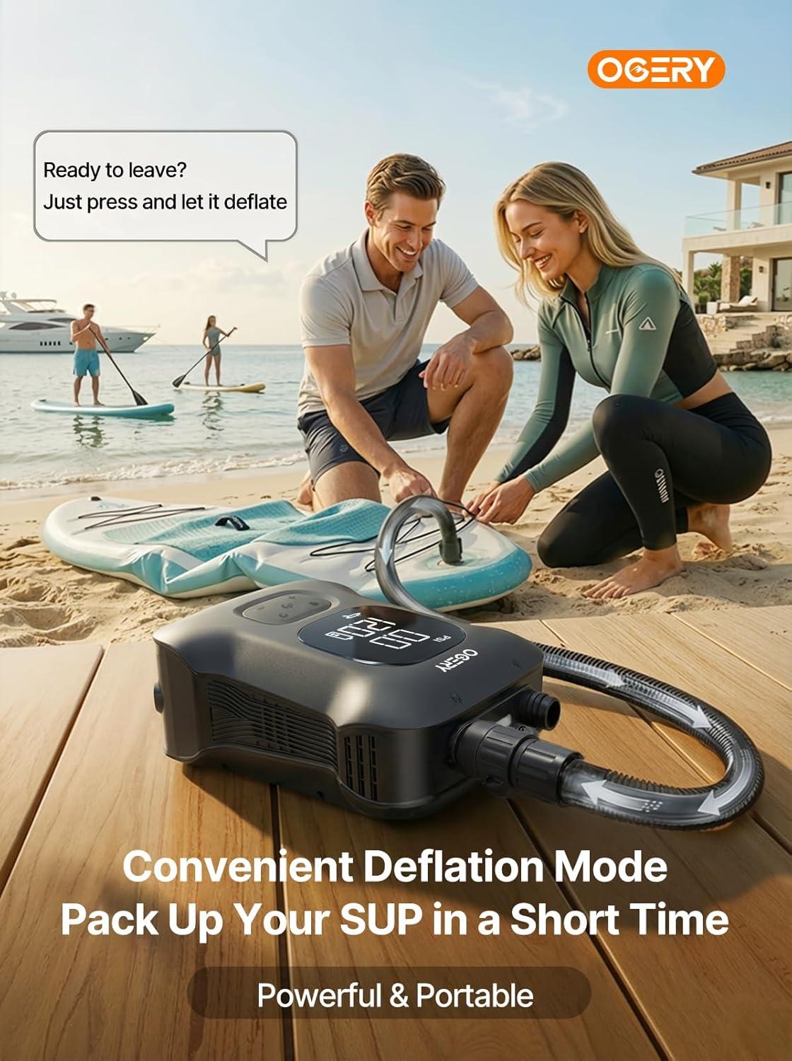 image:imageOGERY Paddle Board Electric Pump Inflates 45 SUPs LongLasting Battery 20PSI SUP Pump with 65W Power Bank AutoOff Dual Stage Inflation amp Deflation Rechargeable Air Pump for Sup Kayak Boat TentBlack