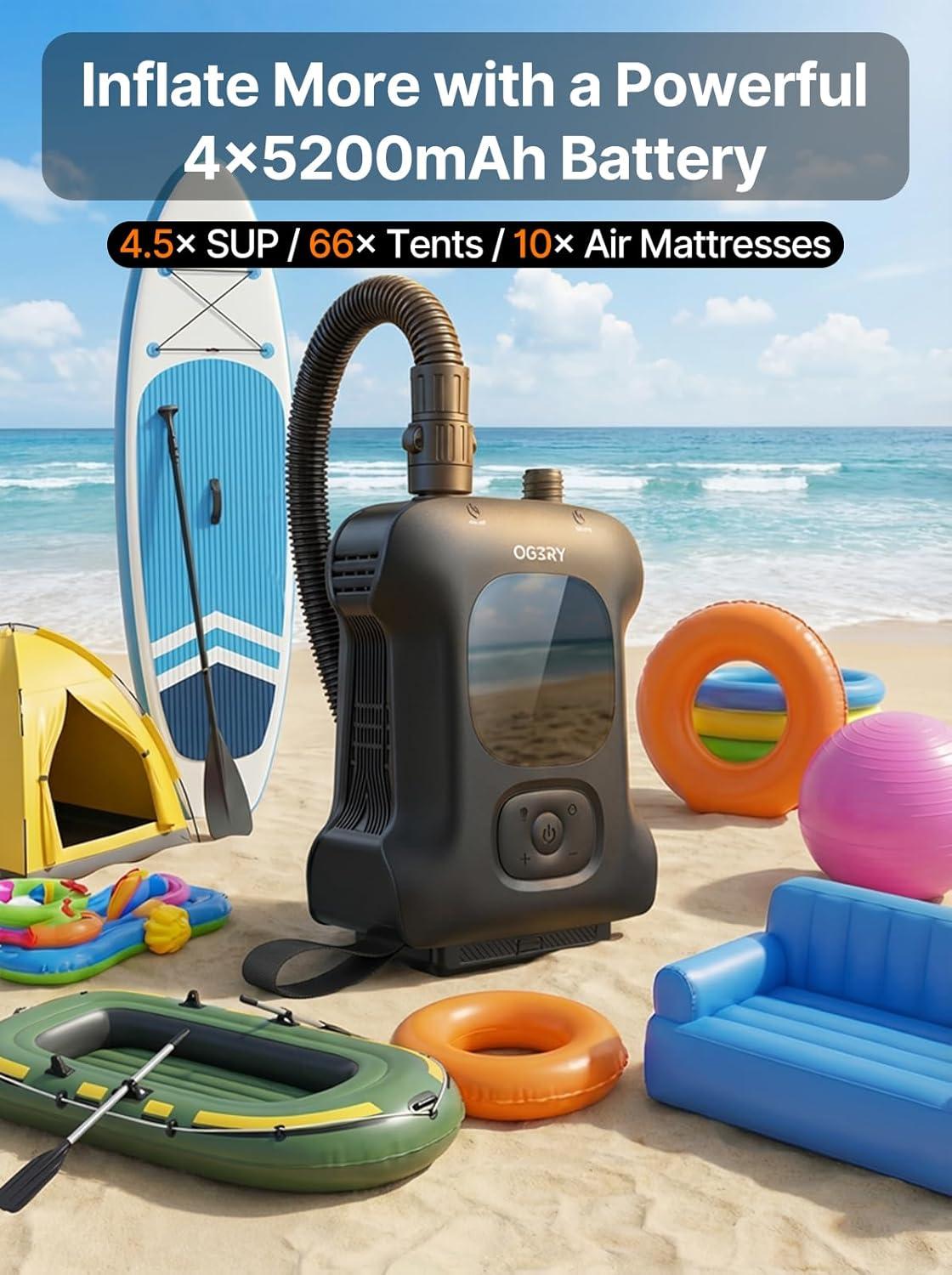 image:imageOGERY Paddle Board Electric Pump Inflates 45 SUPs LongLasting Battery 20PSI SUP Pump with 65W Power Bank AutoOff Dual Stage Inflation amp Deflation Rechargeable Air Pump for Sup Kayak Boat TentBlack