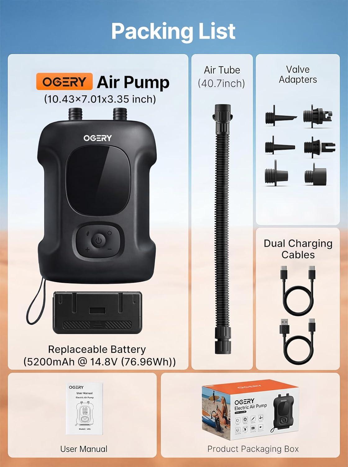 image:imageOGERY Paddle Board Electric Pump Inflates 45 SUPs LongLasting Battery 20PSI SUP Pump with 65W Power Bank AutoOff Dual Stage Inflation amp Deflation Rechargeable Air Pump for Sup Kayak Boat TentBlack