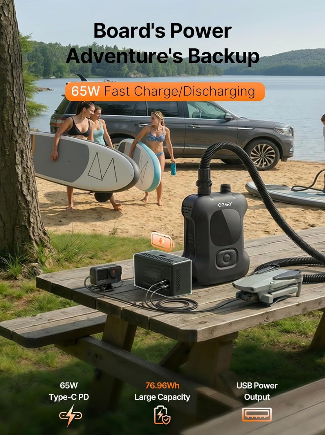 image:imageOGERY Paddle Board Electric Pump Inflates 45 SUPs LongLasting Battery 20PSI SUP Pump with 65W Power Bank AutoOff Dual Stage Inflation amp Deflation Rechargeable Air Pump for Sup Kayak Boat TentBlack