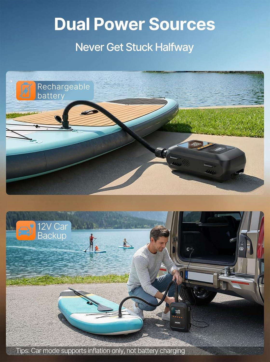 image:imageOGERY Paddle Board Electric Pump with Safe amp 30 Faster Dual Stage Inflation amp Deflation Up to 20PSI Smart AutoOff and Powerful Rechargeable Compact Air Pump for Sup Inflatable Beds Tent BoatsBlack