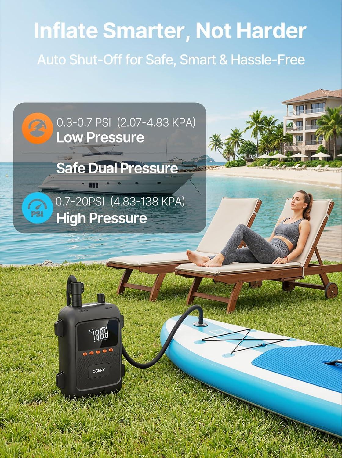 image:imageOGERY Paddle Board Electric Pump with Safe amp 30 Faster Dual Stage Inflation amp Deflation Up to 20PSI Smart AutoOff and Powerful Rechargeable Compact Air Pump for Sup Inflatable Beds Tent BoatsBlack
