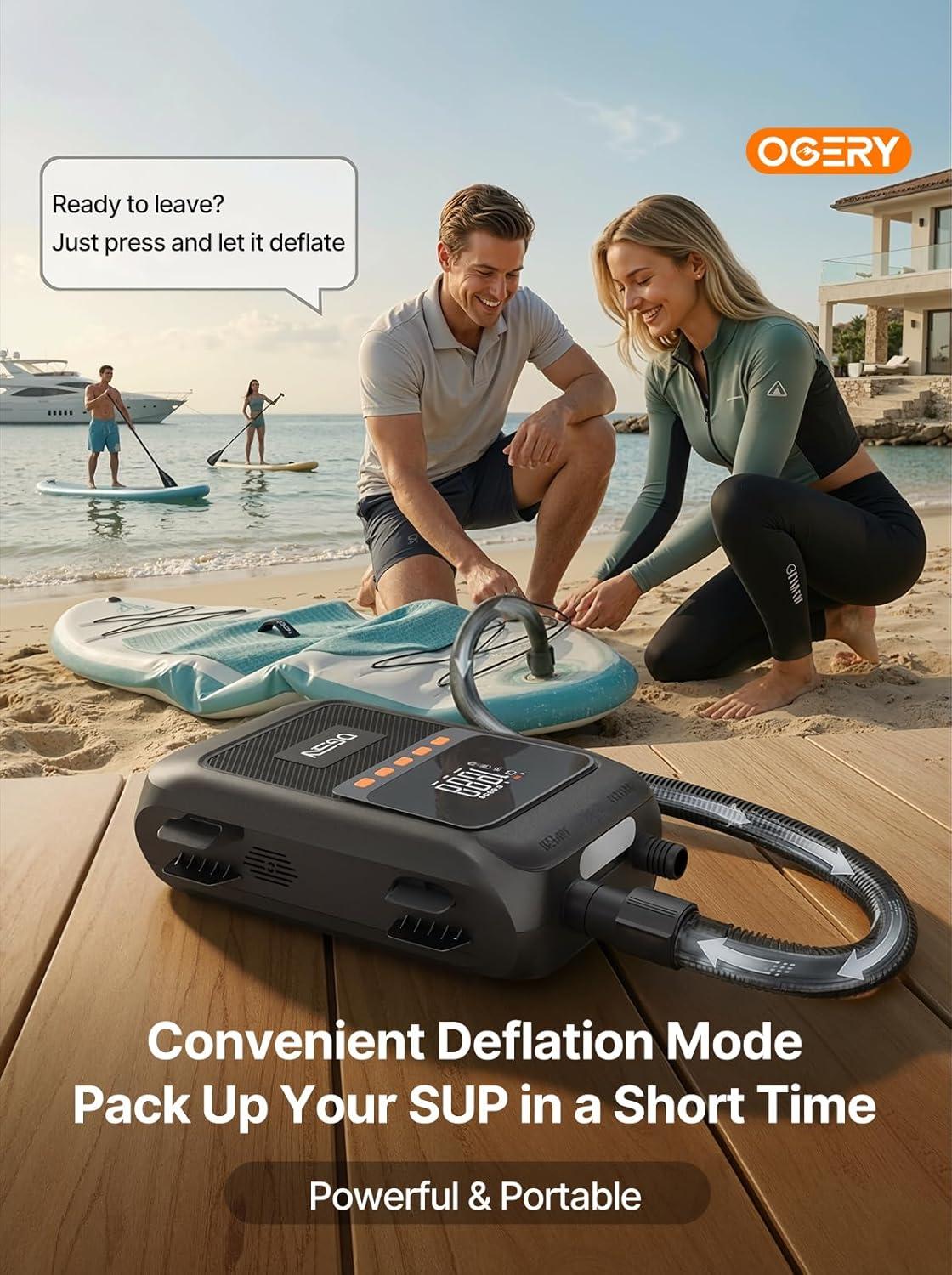 image:imageOGERY Paddle Board Electric Pump with Safe amp 30 Faster Dual Stage Inflation amp Deflation Up to 20PSI Smart AutoOff and Powerful Rechargeable Compact Air Pump for Sup Inflatable Beds Tent BoatsBlack