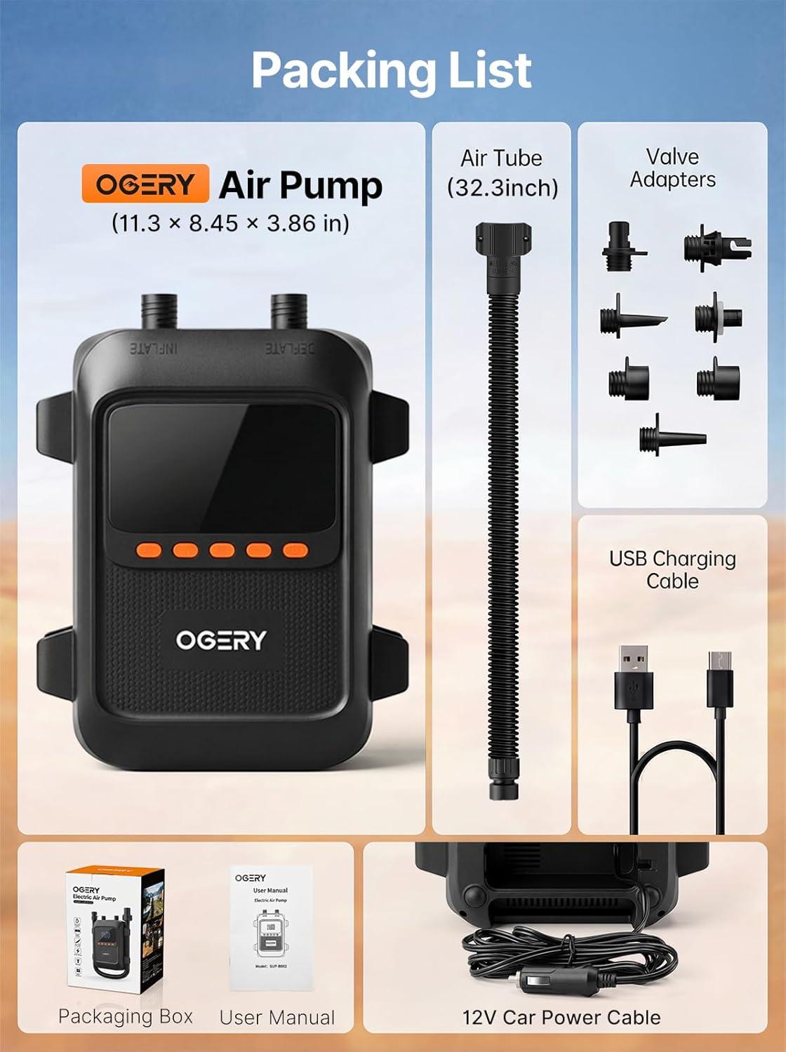 image:imageOGERY Paddle Board Electric Pump with Safe amp 30 Faster Dual Stage Inflation amp Deflation Up to 20PSI Smart AutoOff and Powerful Rechargeable Compact Air Pump for Sup Inflatable Beds Tent BoatsBlack
