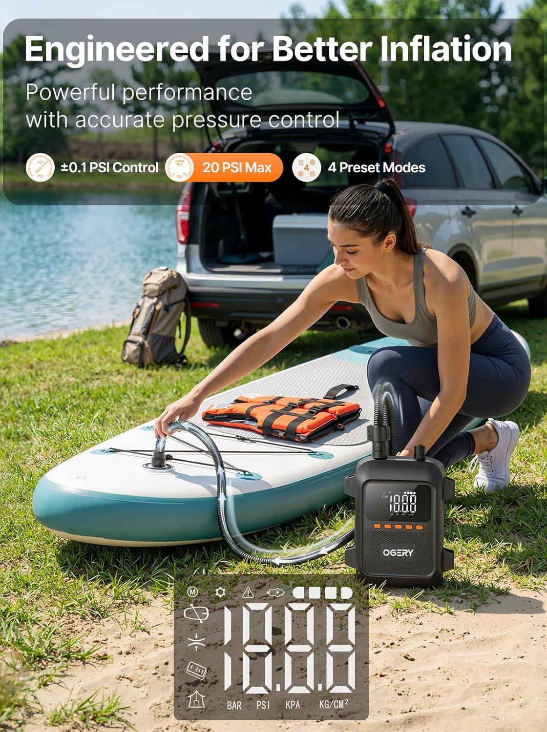 image:imageOGERY Paddle Board Electric Pump with Safe amp 30 Faster Dual Stage Inflation amp Deflation Up to 20PSI Smart AutoOff and Powerful Rechargeable Compact Air Pump for Sup Inflatable Beds Tent BoatsBlack