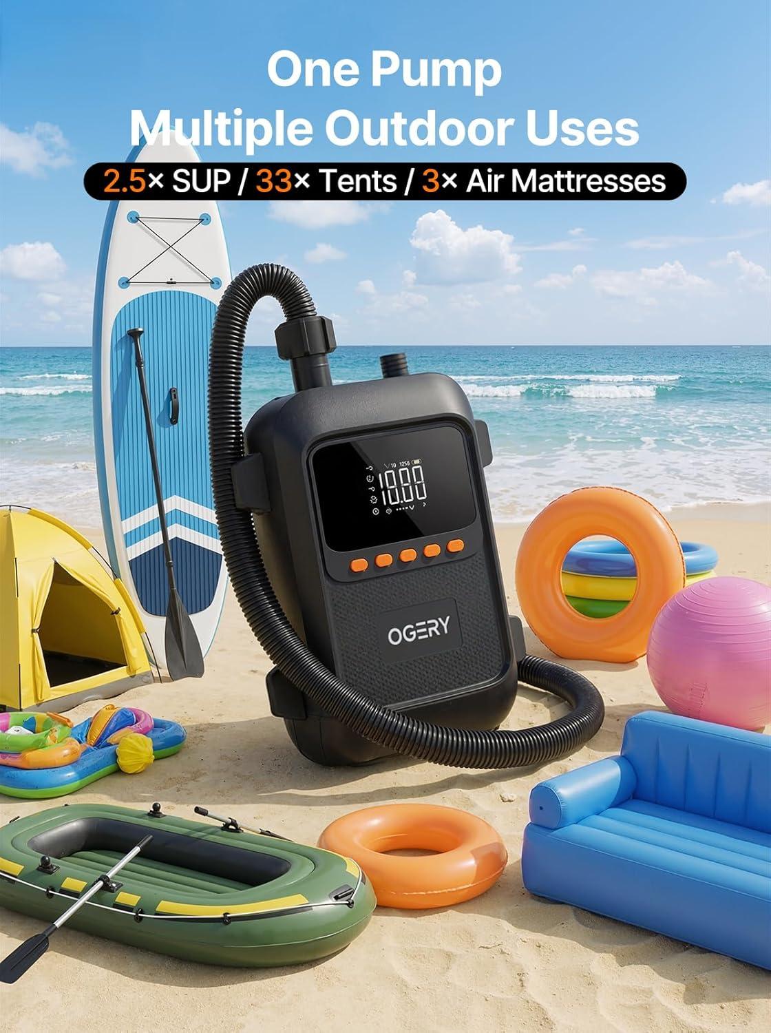 image:imageOGERY Paddle Board Electric Pump with Safe amp 30 Faster Dual Stage Inflation amp Deflation Up to 20PSI Smart AutoOff and Powerful Rechargeable Compact Air Pump for Sup Inflatable Beds Tent BoatsBlack