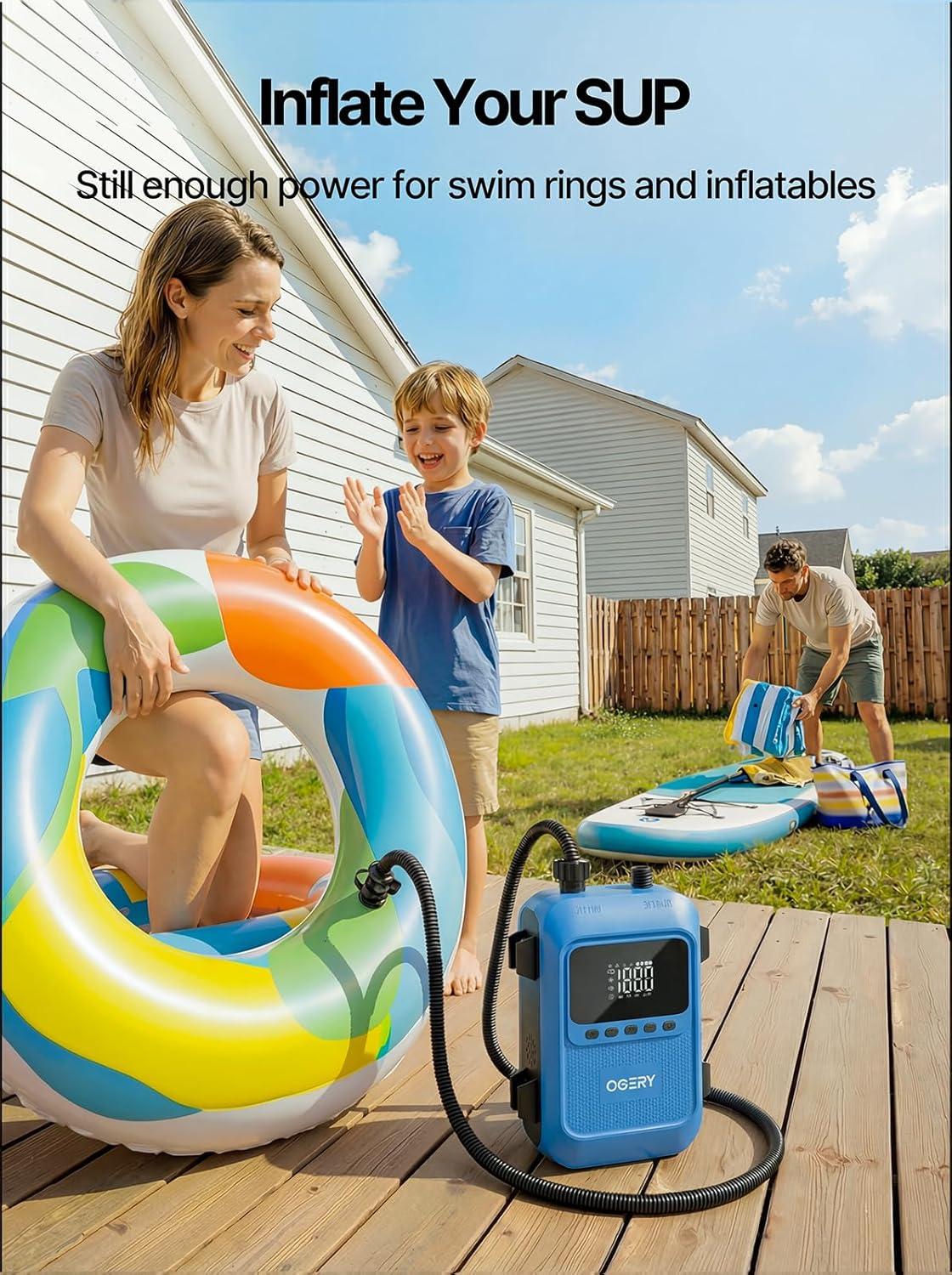 image:imageOGERY Paddle Board Electric Pump with Safe amp 35 Faster Dual Stage Inflation amp Deflation Up to 20PSI Smart AutoOff and Powerful Rechargeable Compact Air Pump for Sup Inflatable Beds Tent Boats