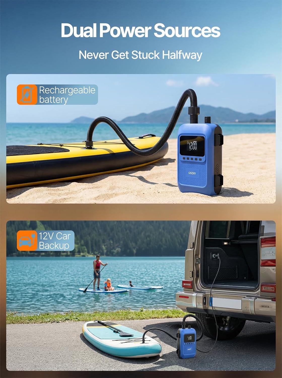 image:imageOGERY Paddle Board Electric Pump with Safe amp 35 Faster Dual Stage Inflation amp Deflation Up to 20PSI Smart AutoOff and Powerful Rechargeable Compact Air Pump for Sup Inflatable Beds Tent Boats
