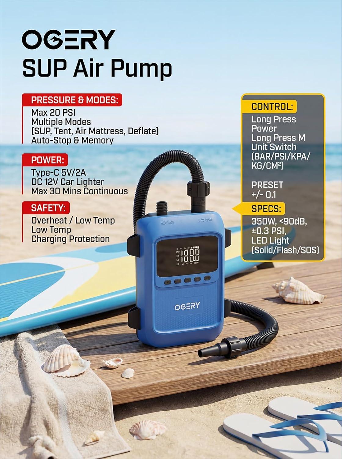 image:imageOGERY Paddle Board Electric Pump with Safe amp 35 Faster Dual Stage Inflation amp Deflation Up to 20PSI Smart AutoOff and Powerful Rechargeable Compact Air Pump for Sup Inflatable Beds Tent Boats