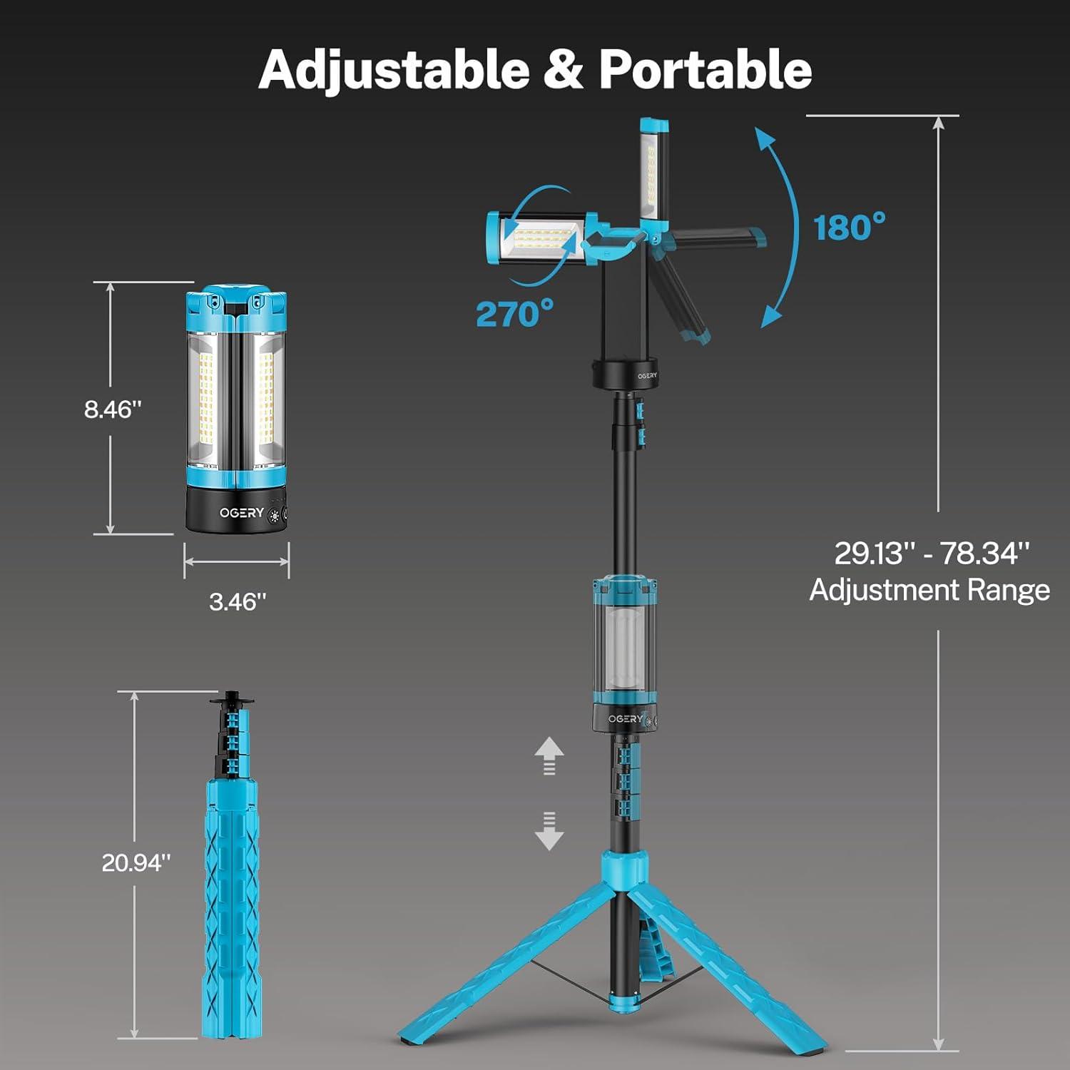 image:imageOGERY Rechargeable 10000mAh Camping Light with Stand 65 ft Max Height Cordless Work Light with 3 LED Lamp Heads 2200 Lumens Camping Essentials Gear Emergency Flashlight with Detachable TripodBlue