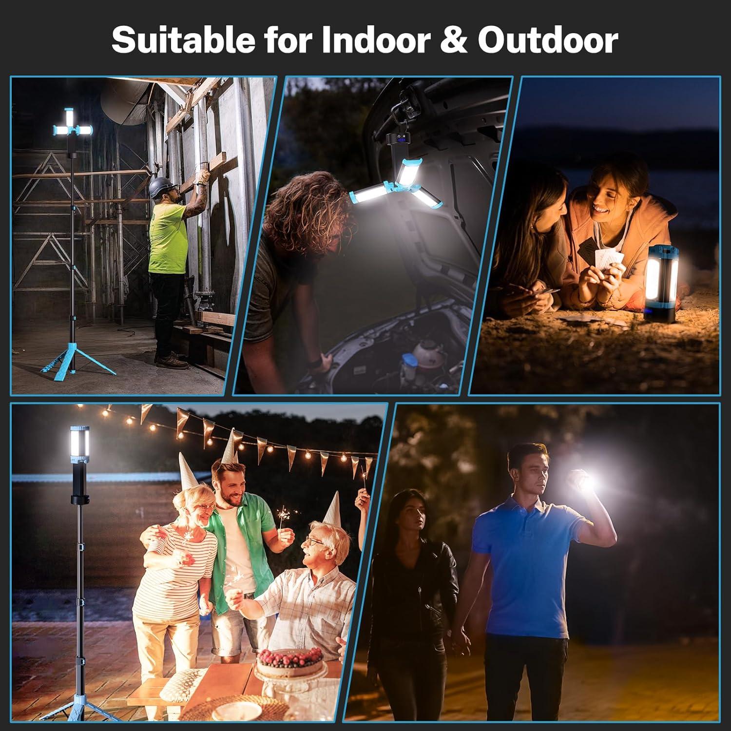 image:imageOGERY Rechargeable 10000mAh Camping Light with Stand 65 ft Max Height Cordless Work Light with 3 LED Lamp Heads 2200 Lumens Camping Essentials Gear Emergency Flashlight with Detachable TripodBlue