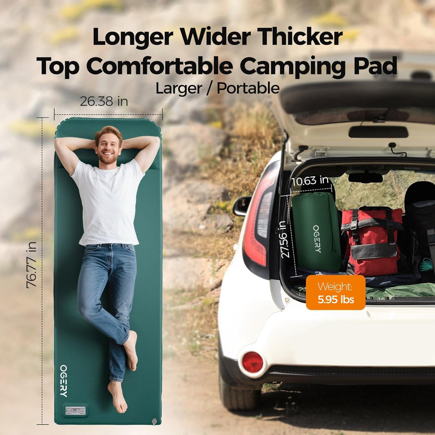 image:imageOGERY Self Inflating Sleeping Pad with Electric Pump 315 UltraThick Memory Foam Camping Pad 4 Season Camping Mattress Pad with Builtin Pillow Camping Essentials Gear for Tent Travel CarGreen