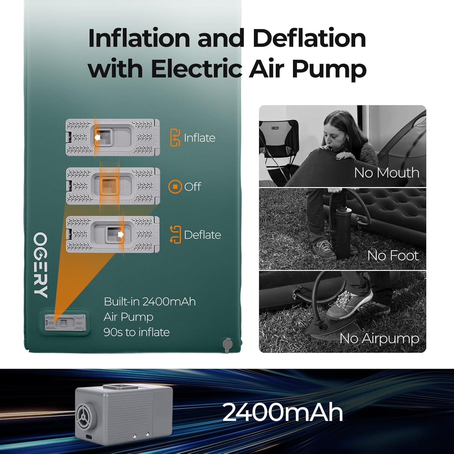 image:imageOGERY Self Inflating Sleeping Pad with Electric Pump 315 UltraThick Memory Foam Camping Pad 4 Season Camping Mattress Pad with Builtin Pillow Camping Essentials Gear for Tent Travel CarGreen