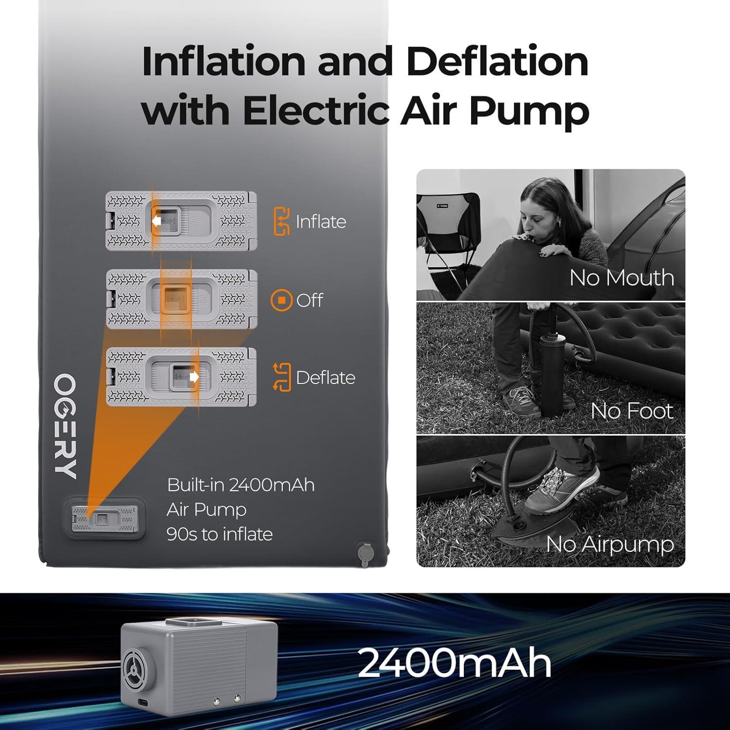 image:imageOGERY Self Inflating Sleeping Pad with Electric Pump 315 UltraThick Memory Foam Camping Pad 4 Season Camping Mattress Pad with Builtin Pillow Camping Essentials Gear for Tent Travel CarGrey