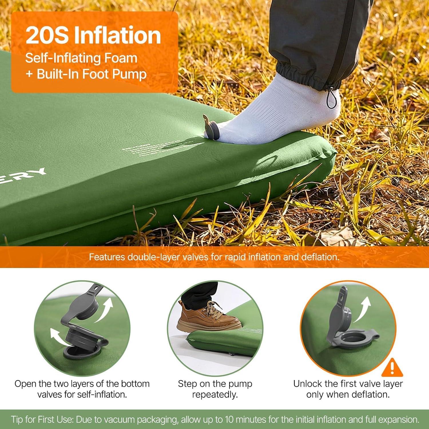 image:imageOGERY SelfInflating Sleeping Pad with Builtin Foot Pump 3 Memory Camping Mattress Pad Quiet amp 95 RValue Insulated Sleeping Mat Camping Essential Gear for Car Tent CampingGreenGrey