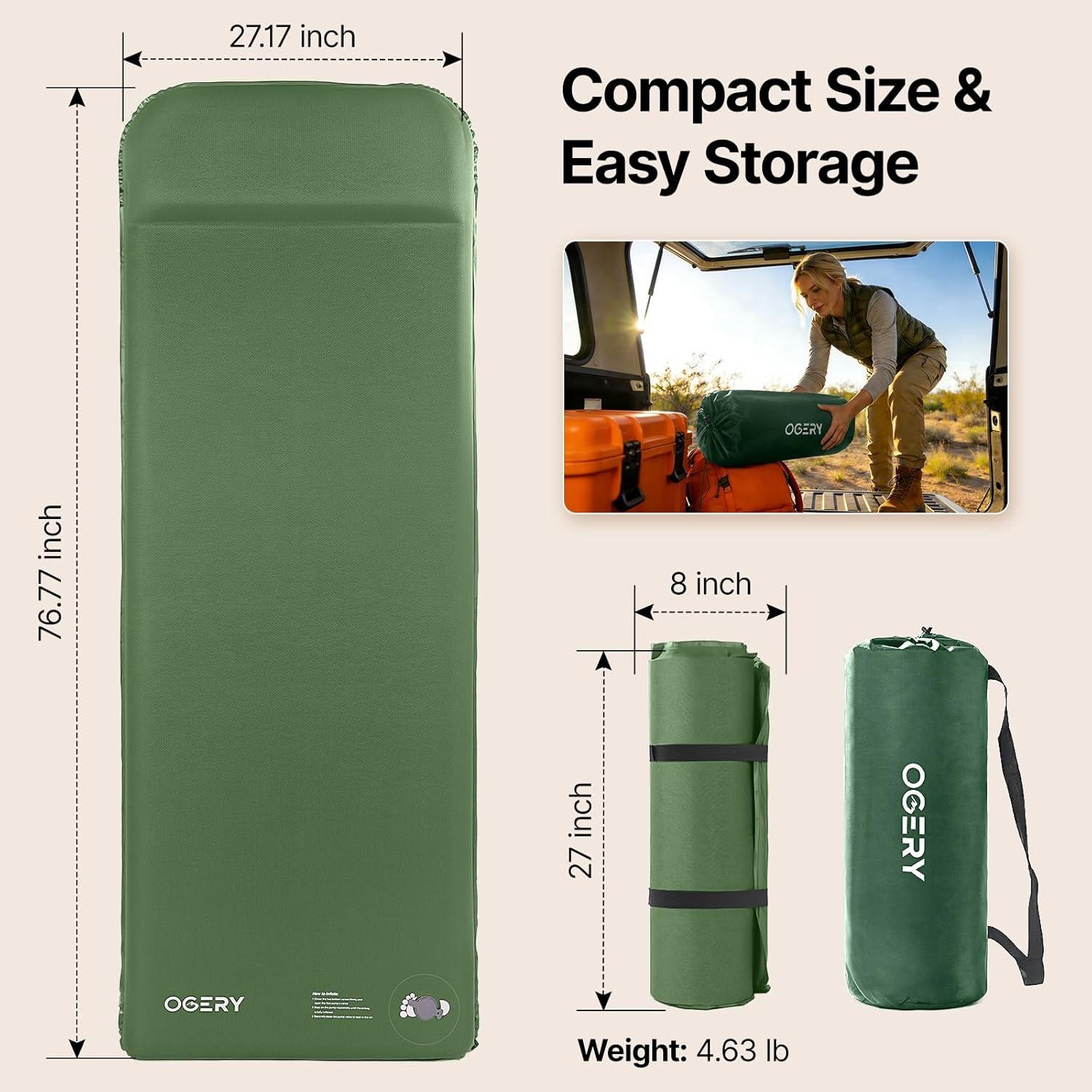 image:imageOGERY SelfInflating Sleeping Pad with Builtin Foot Pump 3 Memory Camping Mattress Pad Quiet amp 95 RValue Insulated Sleeping Mat Camping Essential Gear for Car Tent CampingGreen