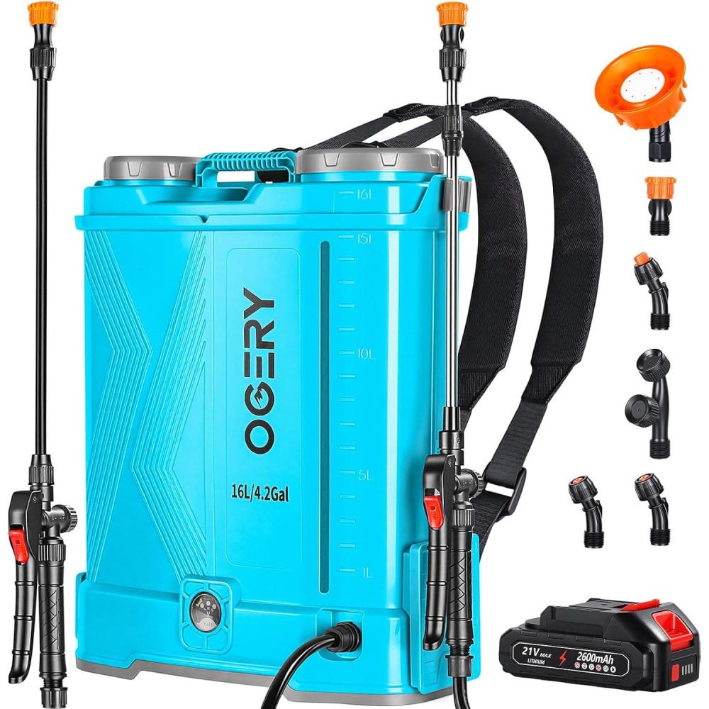 image:imageOGERY Battery Powered Backpack Sprayer 4 Gallon 26Ah 21V Battery Electric Sprayer with 6 Nozzles Telescopic Stainless Steel Plastic Wand for Lawn Garden Weed Yard Cleaning Charger IncludedBlue