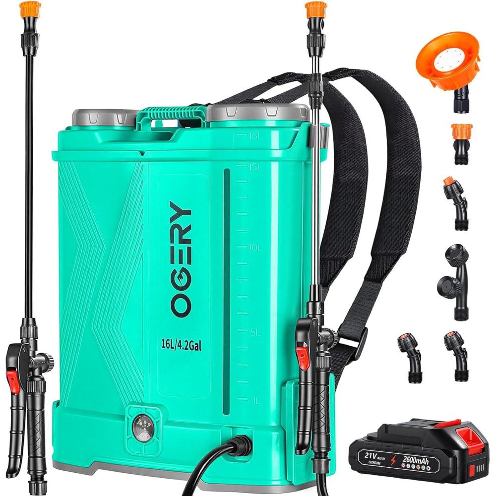 image:imageOGERY Battery Powered Backpack Sprayer 4 Gallon 26Ah 21V Battery Electric Sprayer with 6 Nozzles Telescopic Stainless Steel Plastic Wand for Lawn Garden Weed Yard Cleaning Charger IncludedGreen