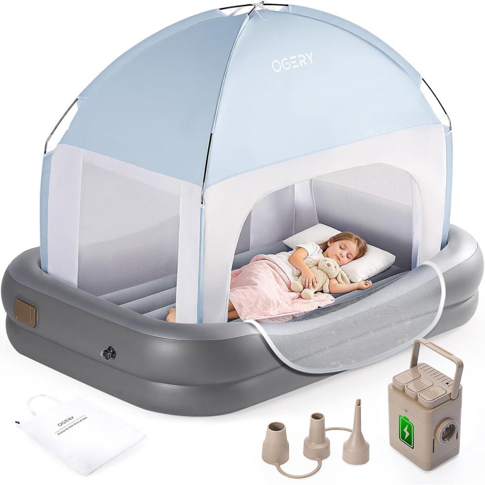 image:imageOGERY Inflatable Toddler Travel Bed with Tent Cordless Rechargeable Electric Pump Portable Kids Air Mattress with 4Sided Safety Bumpers for Home Travel amp CampingDark Grey