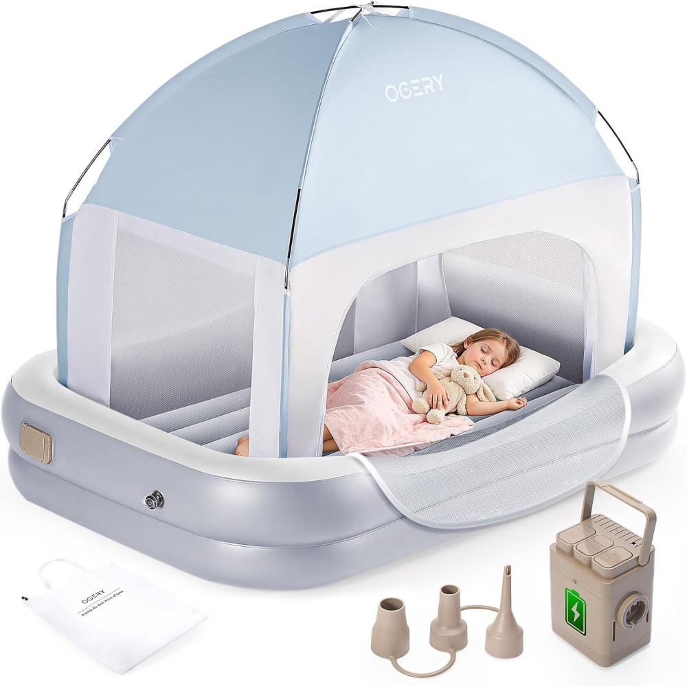image:imageOGERY Inflatable Toddler Travel Bed with Tent Cordless Rechargeable Electric Pump Portable Kids Air Mattress with 4Sided Safety Bumpers for Home Travel amp CampingLight Grey