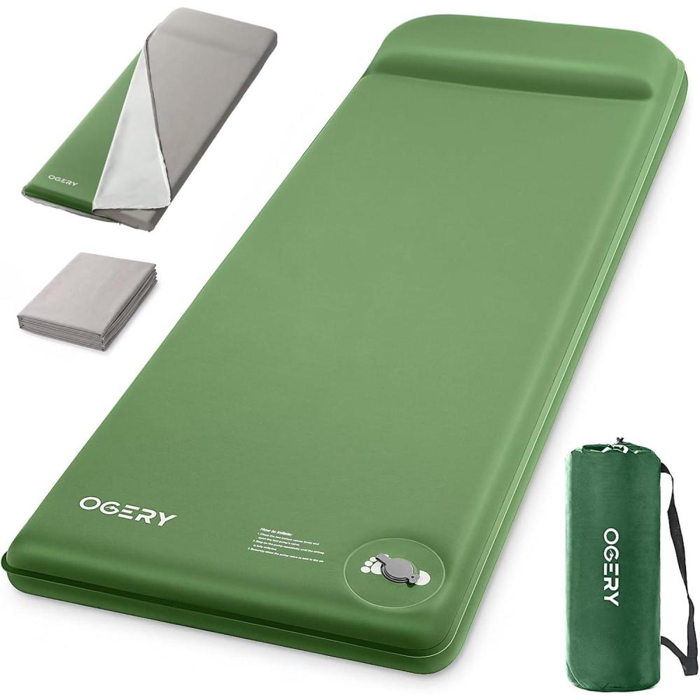 image:imageOGERY SelfInflating Sleeping Pad with Builtin Foot Pump 3 Memory Camping Mattress Pad Quiet amp 95 RValue Insulated Sleeping Mat Camping Essential Gear for Car Tent CampingGreenGrey