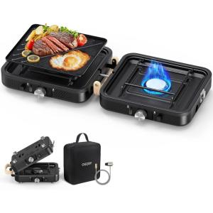 image:imageOGERY 2Burner Foldable Camping Stove with Griddle Textured amp Smooth and Carrying Bag Portable Propane Camp Stove with 2 Adjustable Burners amp Piezo Ignition for Camping Tailgating Essentials GearBlack