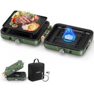 image:imageOGERY 2Burner Foldable Camping Stove with Griddle Textured amp Smooth and Carrying Bag Portable Propane Camp Stove with 2 Adjustable Burners amp Piezo Ignition for Camping Tailgating Essentials GearGreen