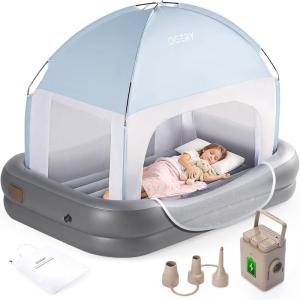 image:imageOGERY Inflatable Toddler Travel Bed with Tent Cordless Rechargeable Electric Pump Portable Kids Air Mattress with 4Sided Safety Bumpers for Home Travel amp CampingDark Grey